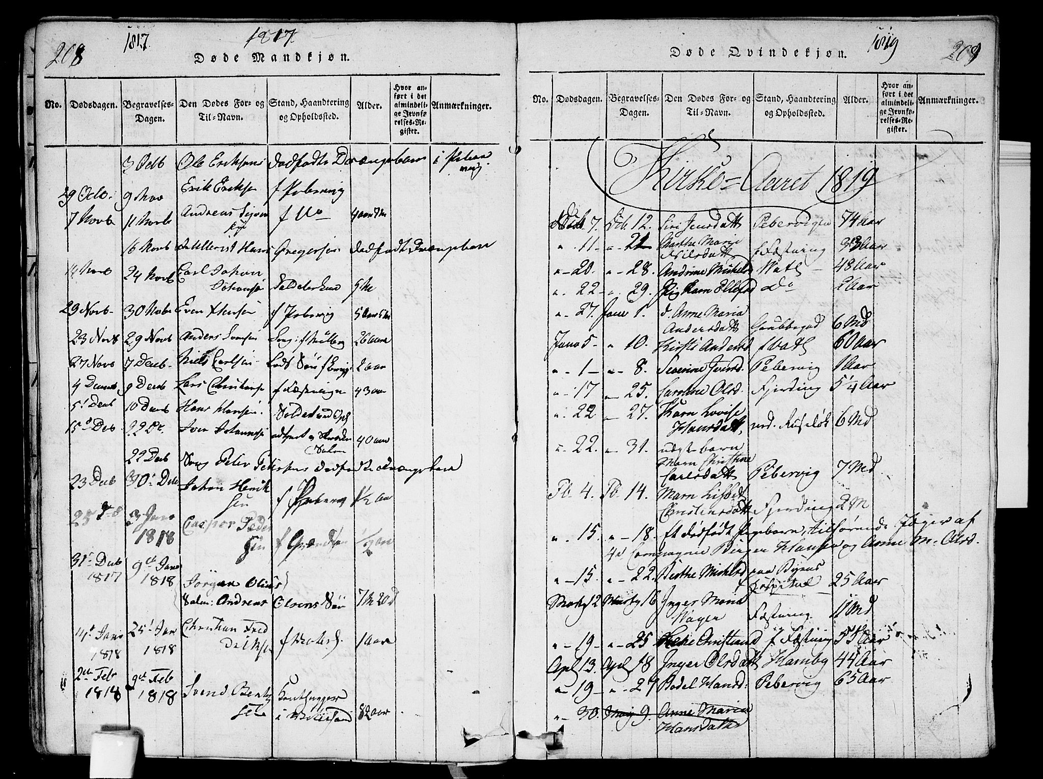 Garnisonsmenigheten Kirkebøker, SAO/A-10846/G/Ga/L0003: Parish register (copy) no. 3, 1815-1819, p. 208-209