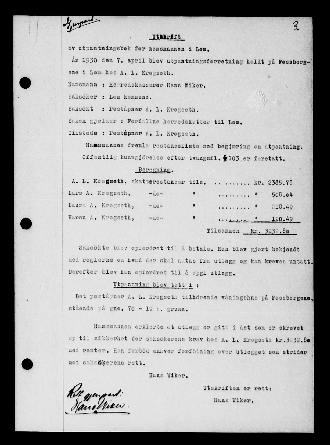 Nord-Gudbrandsdal tingrett, AV/SAH-TING-002/H/Hb/Hba/L0033: Mortgage book no. 33, 1930-1930, p. 3