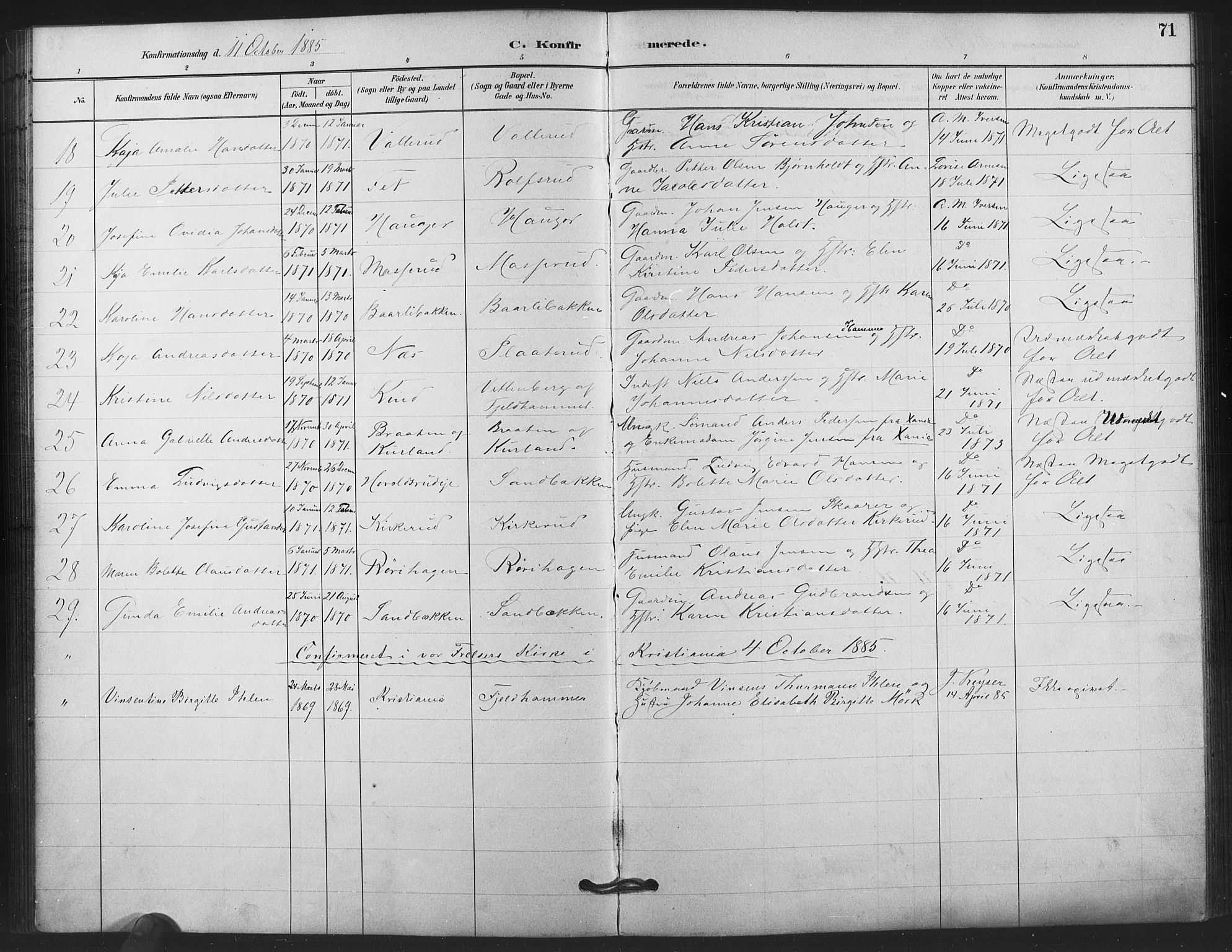 Skedsmo prestekontor Kirkebøker, AV/SAO-A-10033a/F/Fb/L0001: Parish register (official) no. II 1, 1883-1901, p. 71