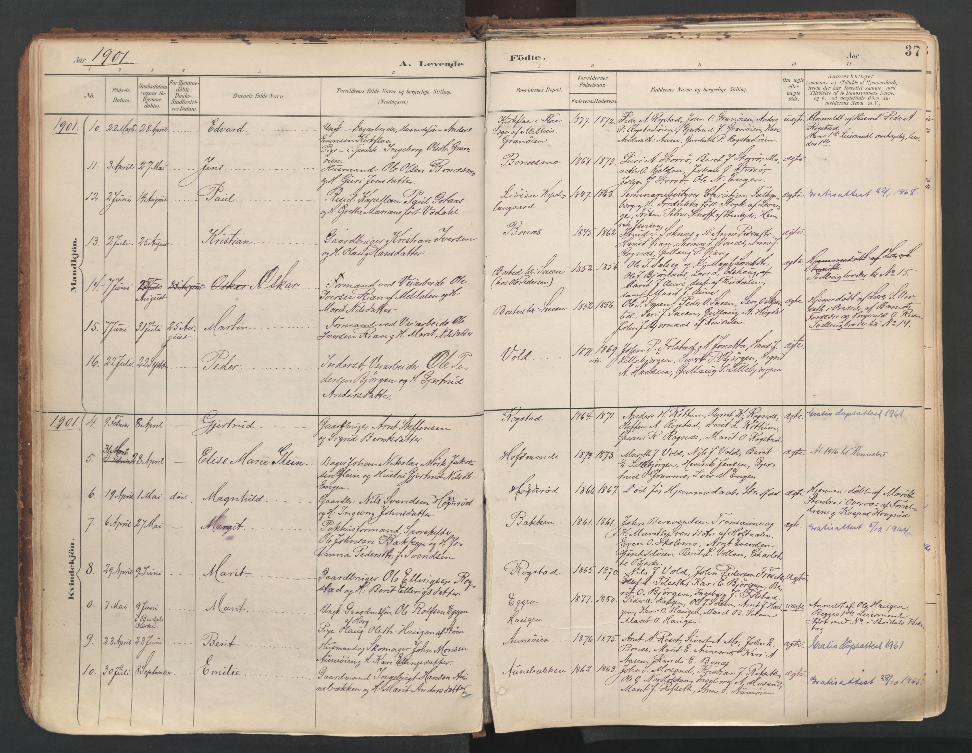 Ministerialprotokoller, klokkerbøker og fødselsregistre - Sør-Trøndelag, SAT/A-1456/687/L1004: Parish register (official) no. 687A10, 1891-1923, p. 37