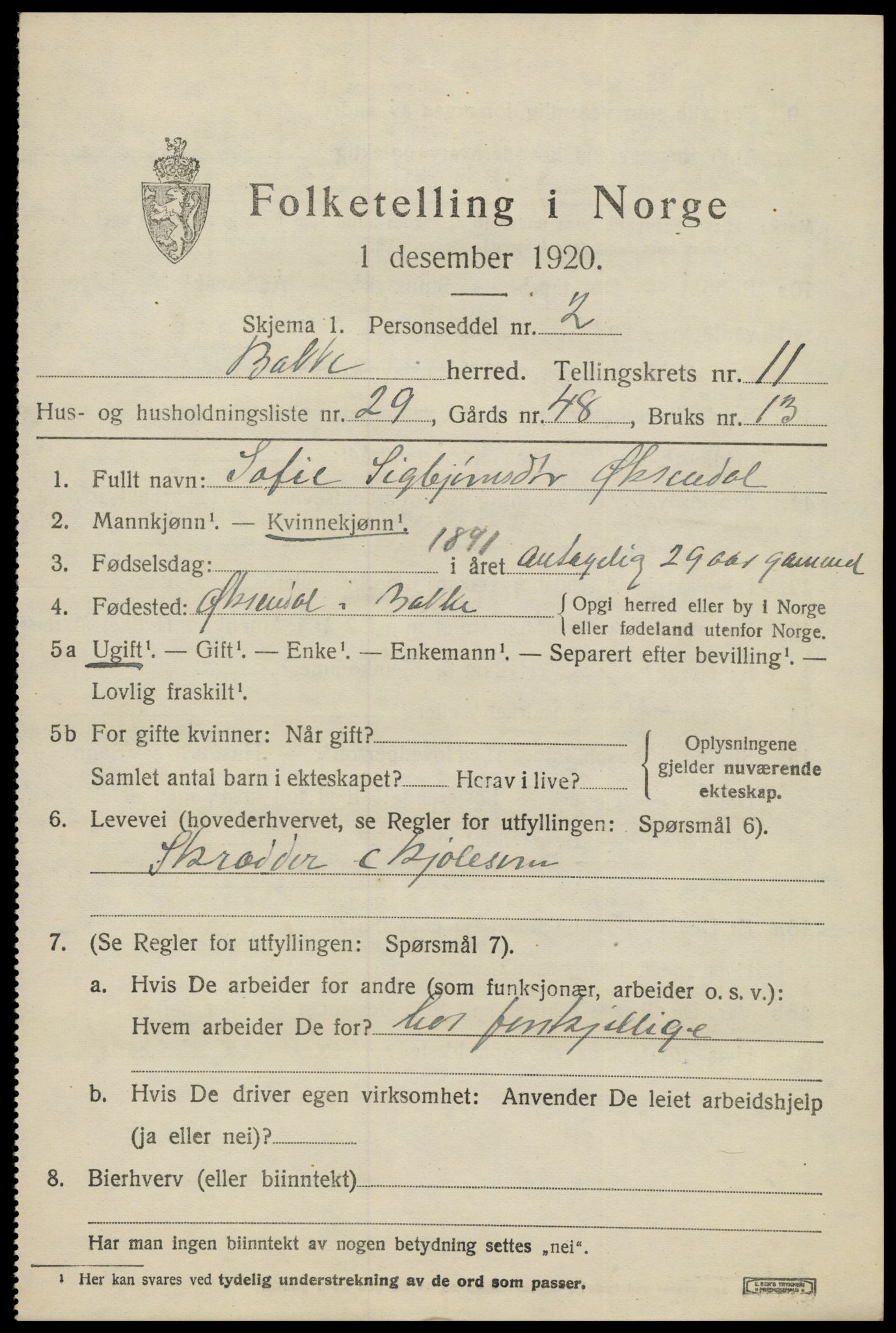 SAK, 1920 census for Bakke, 1920, p. 3116