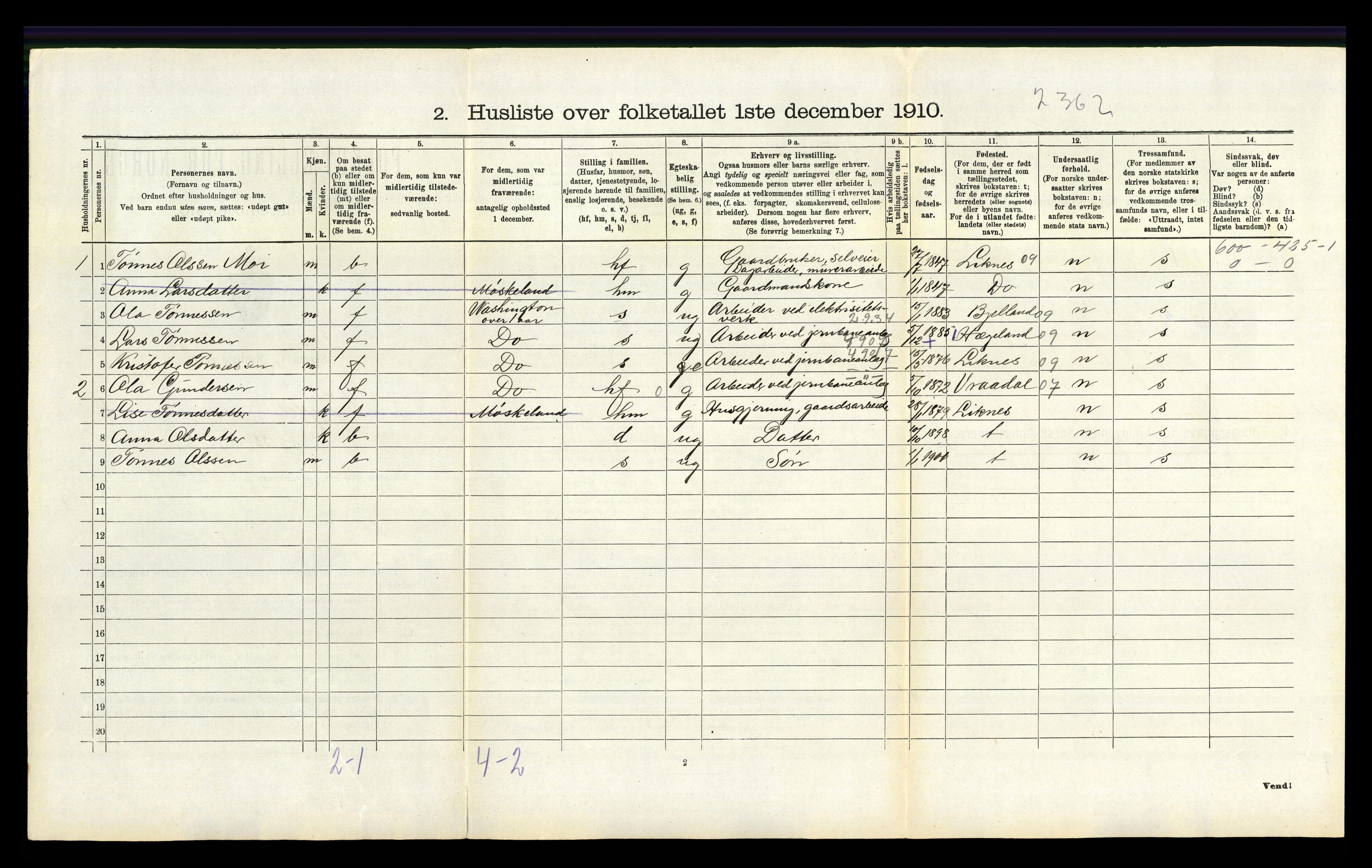 RA, 1910 census for Lyngdal, 1910, p. 495