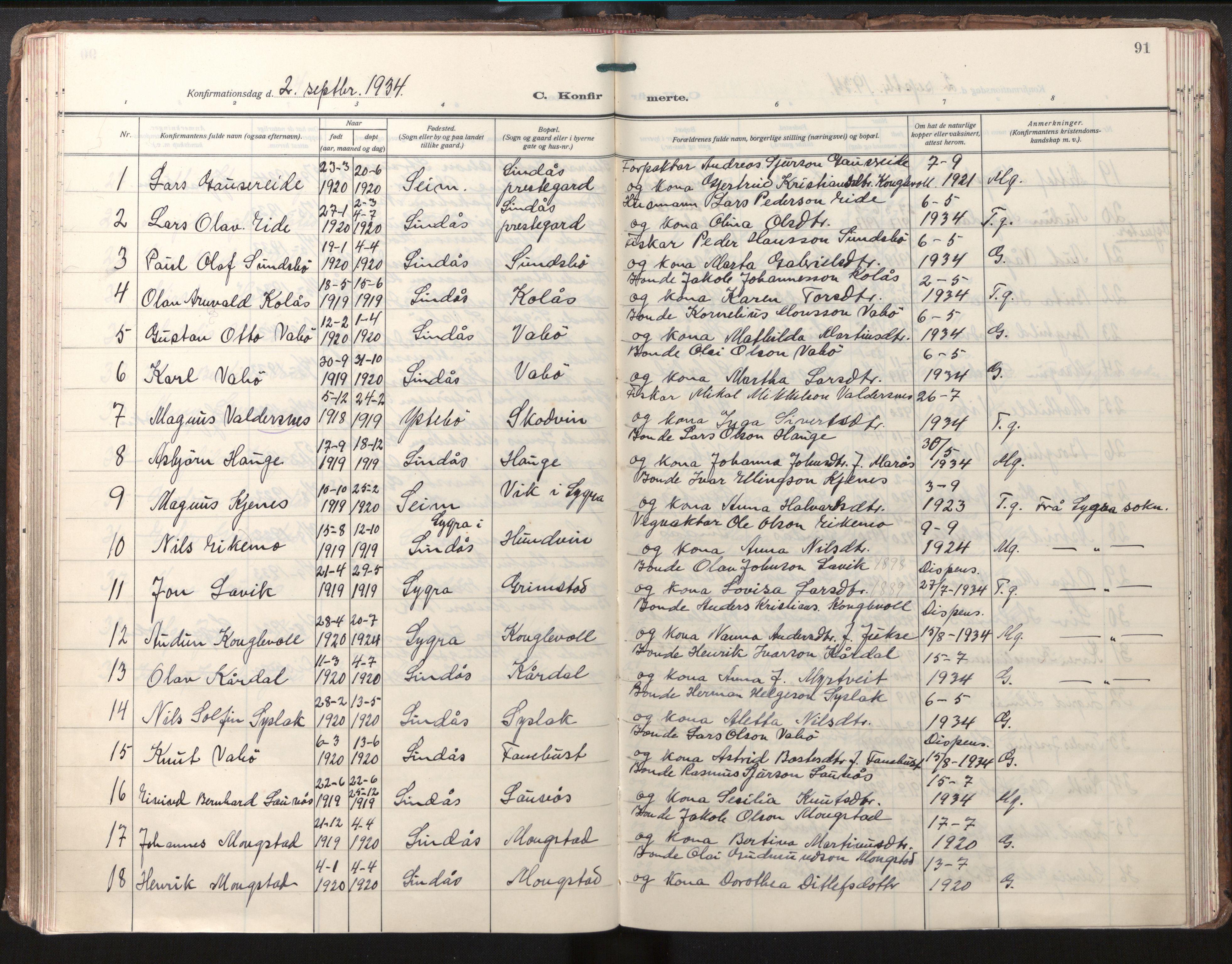Lindås Sokneprestembete, AV/SAB-A-76701/H/Haa/Haab/L0004: Parish register (official) no. B 4, 1929-1948, p. 91