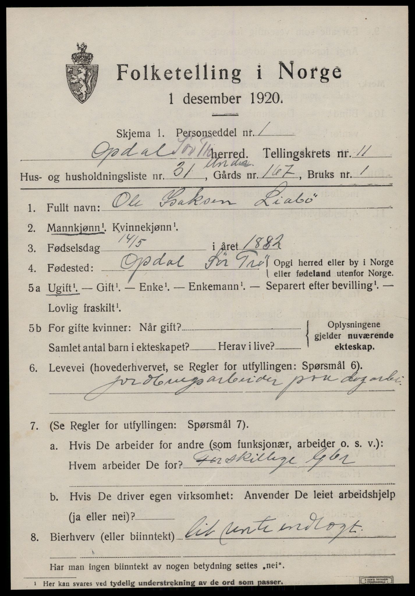 SAT, 1920 census for Oppdal, 1920, p. 9579