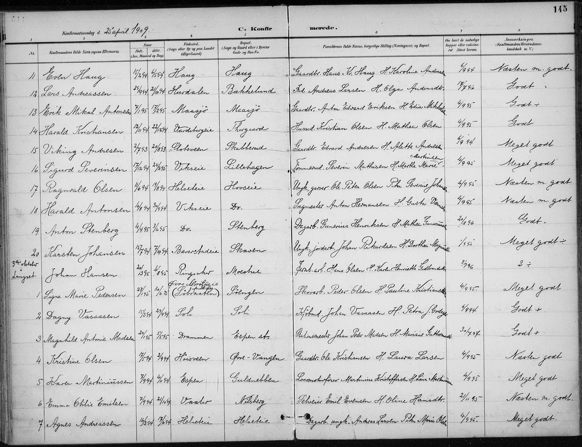 Stange prestekontor, SAH/PREST-002/K/L0023: Parish register (official) no. 23, 1897-1920, p. 145