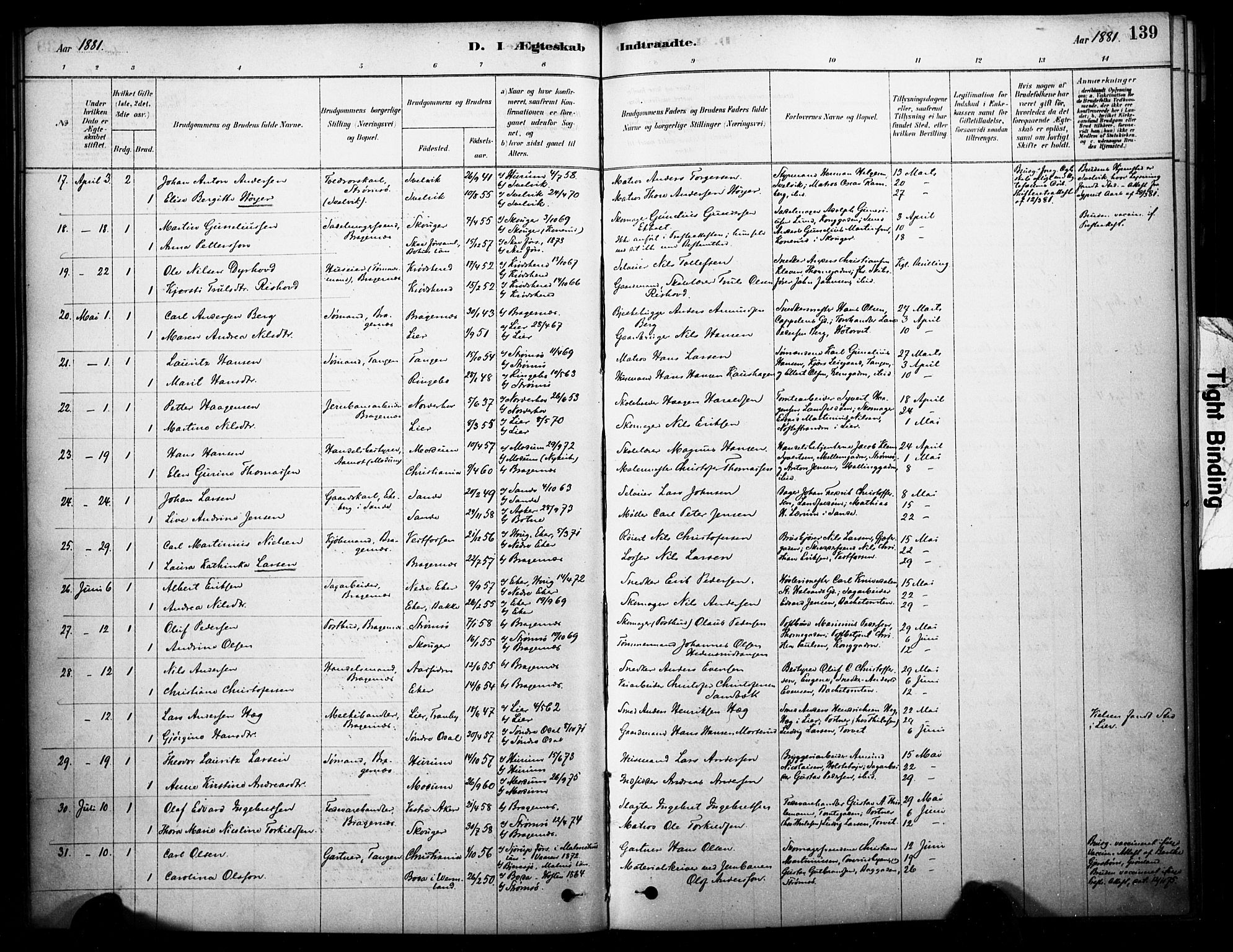Bragernes kirkebøker, SAKO/A-6/F/Fc/L0005: Parish register (official) no. III 5, 1878-1890, p. 139