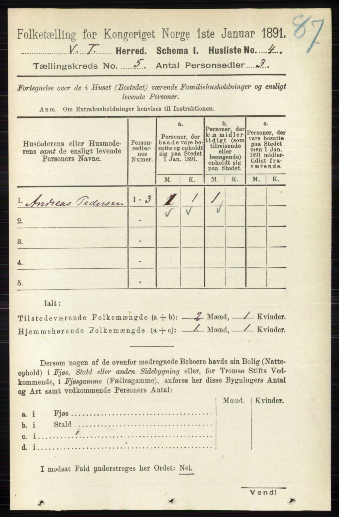 RA, 1891 census for 0529 Vestre Toten, 1891, p. 3134