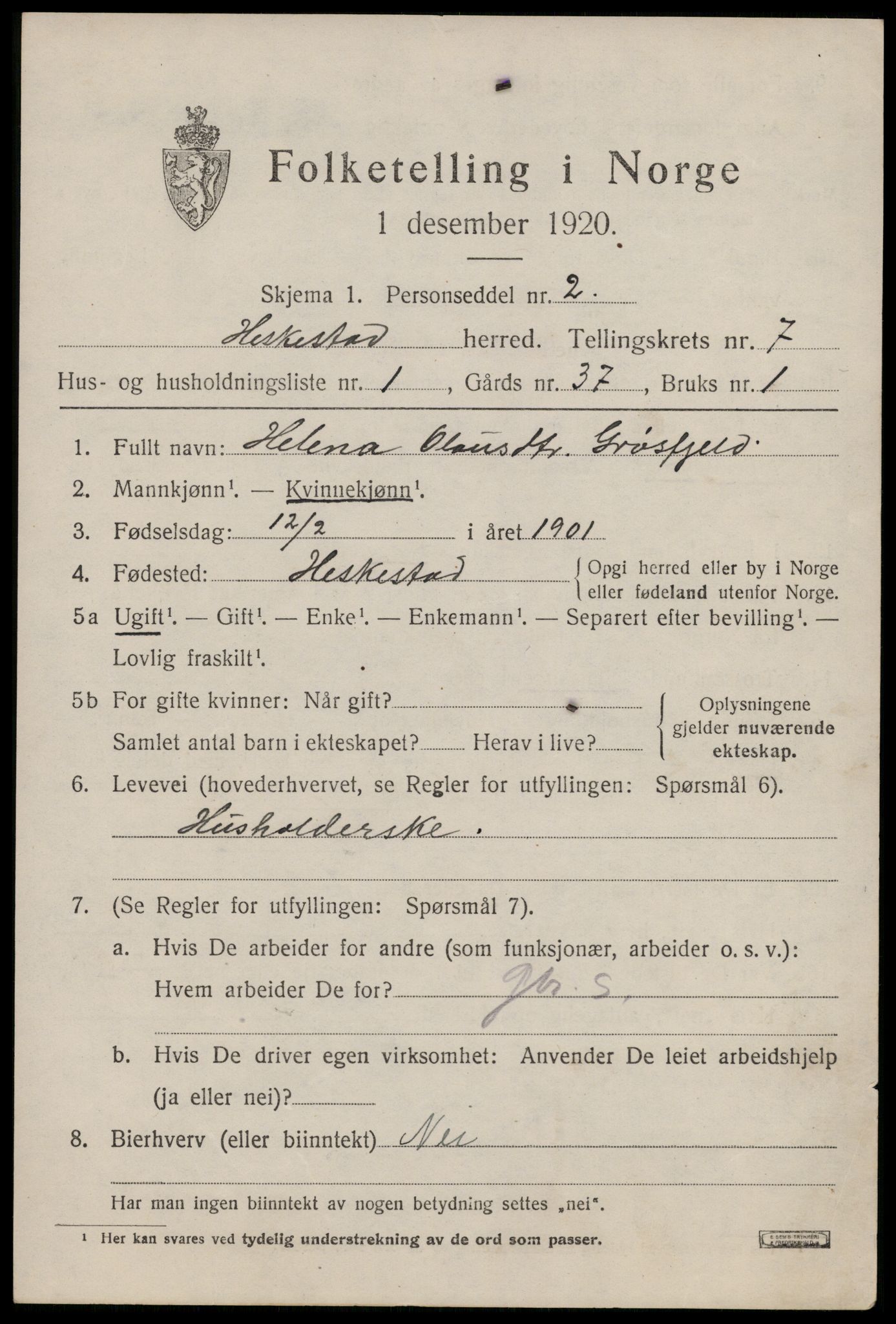 SAST, 1920 census for Heskestad, 1920, p. 2151