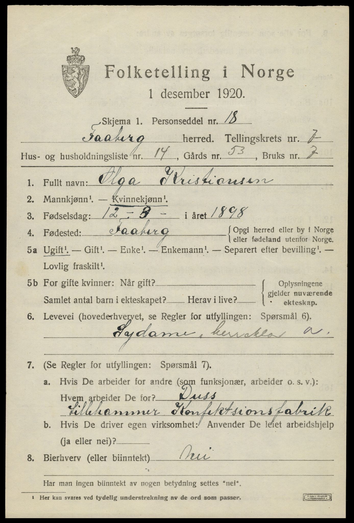 SAH, 1920 census for Fåberg, 1920, p. 8010