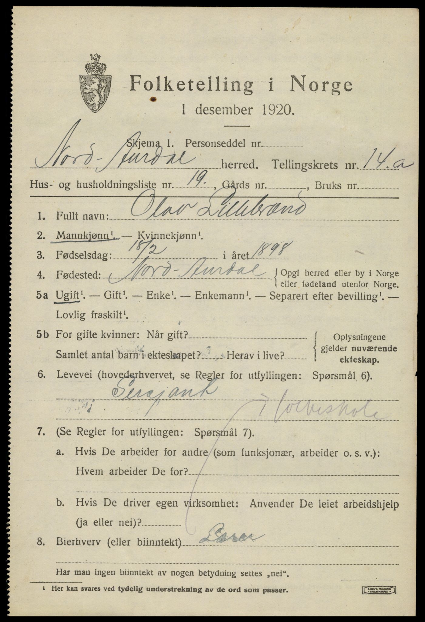 SAH, 1920 census for Nord-Aurdal, 1920, p. 11152