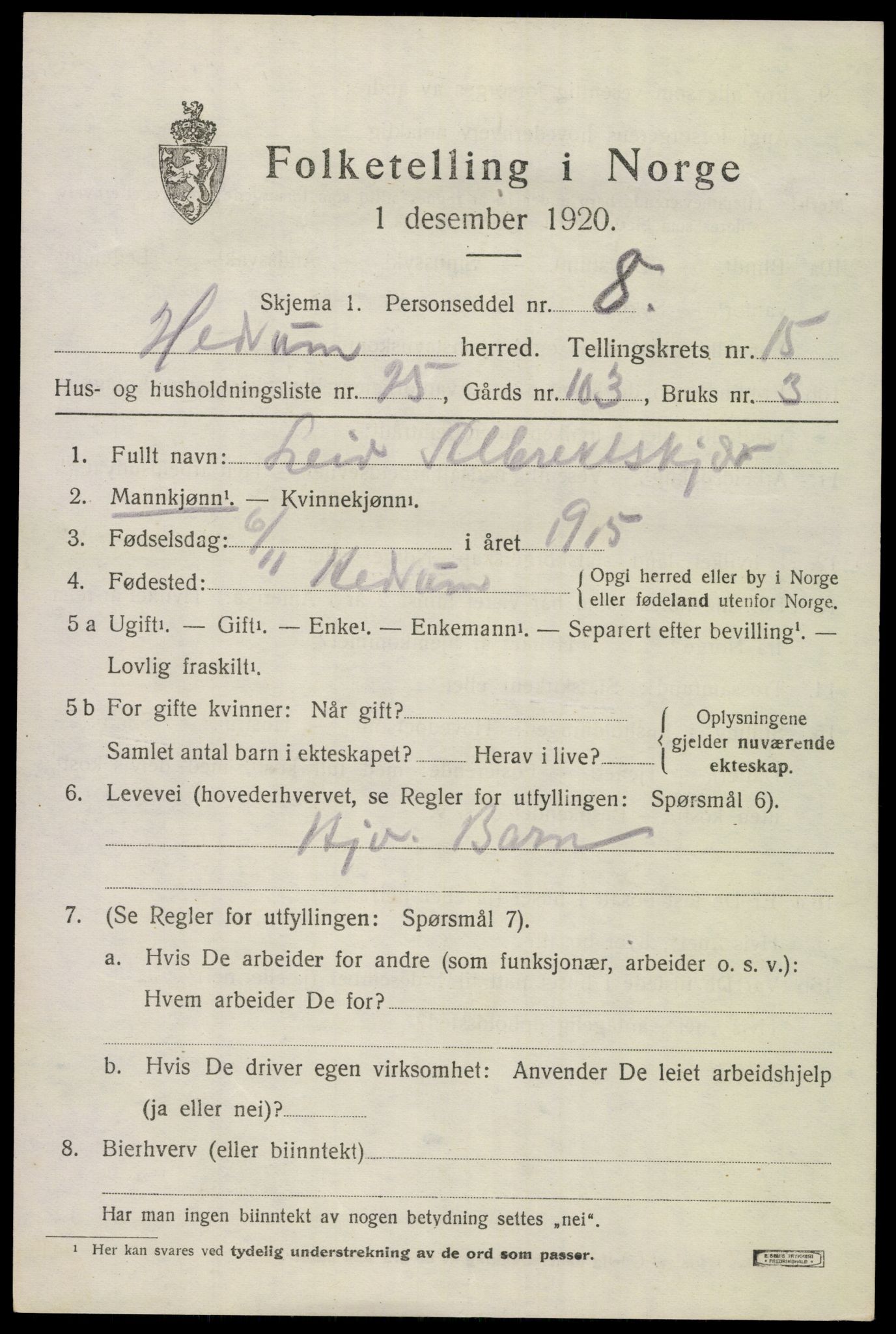 SAKO, 1920 census for Hedrum, 1920, p. 10247