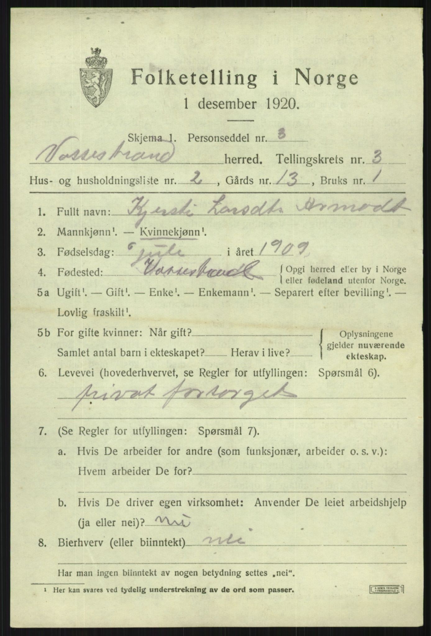 SAB, 1920 census for Vossestrand, 1920, p. 1446