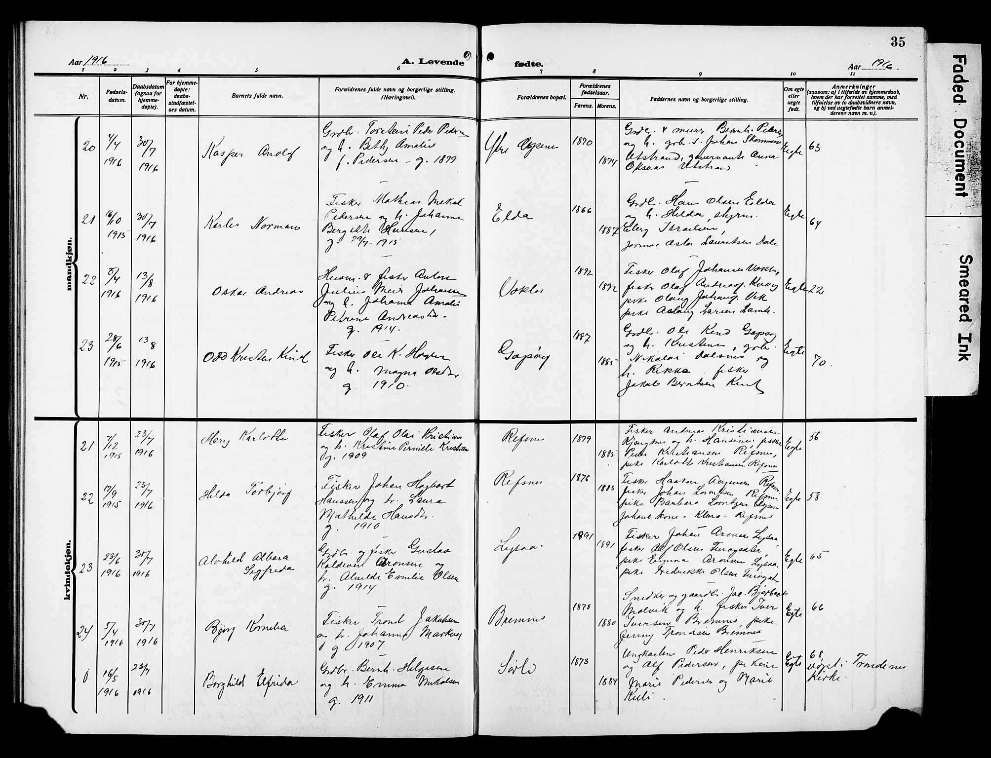 Kvæfjord sokneprestkontor, AV/SATØ-S-1323/G/Ga/Gab/L0006klokker: Parish register (copy) no. 6, 1912-1931, p. 35