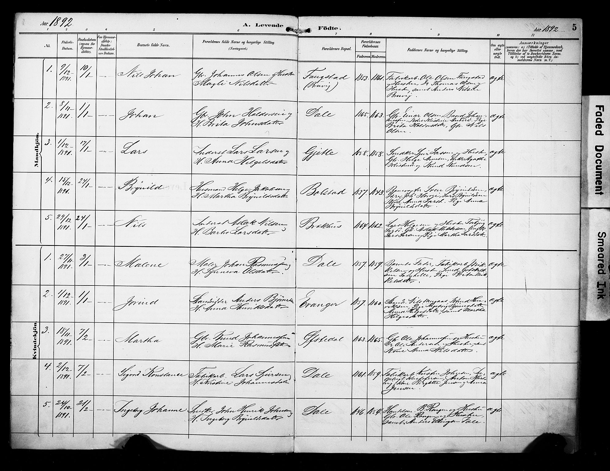 Evanger sokneprestembete, SAB/A-99924: Parish register (official) no. A 2, 1892-1899, p. 5