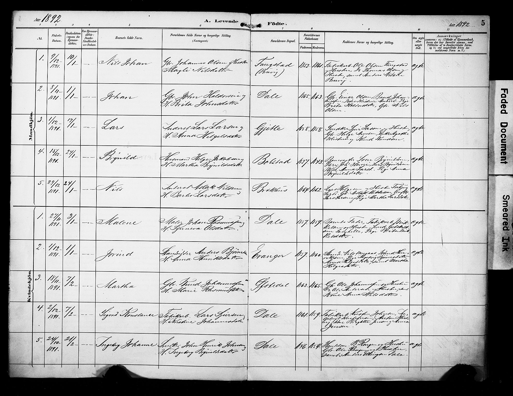 Evanger sokneprestembete, AV/SAB-A-99924: Parish register (official) no. A 2, 1892-1899, p. 5