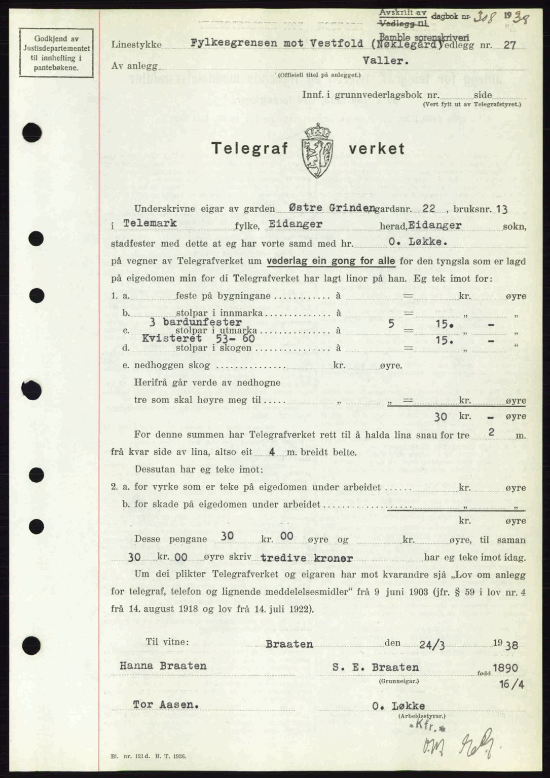 Bamble sorenskriveri, AV/SAKO-A-214/G/Ga/Gag/L0002: Mortgage book no. A-2, 1937-1938, Diary no: : 308/1938