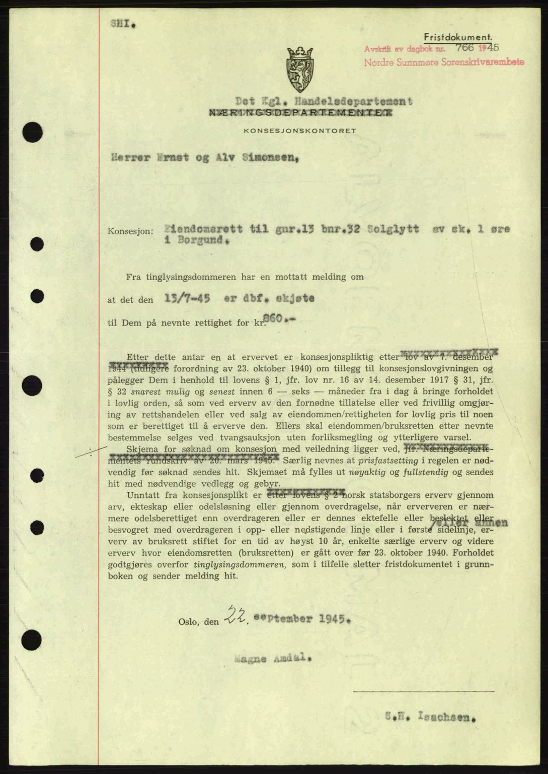 Nordre Sunnmøre sorenskriveri, SAT/A-0006/1/2/2C/2Ca: Mortgage book no. B6-14 a, 1942-1945, Diary no: : 766/1945