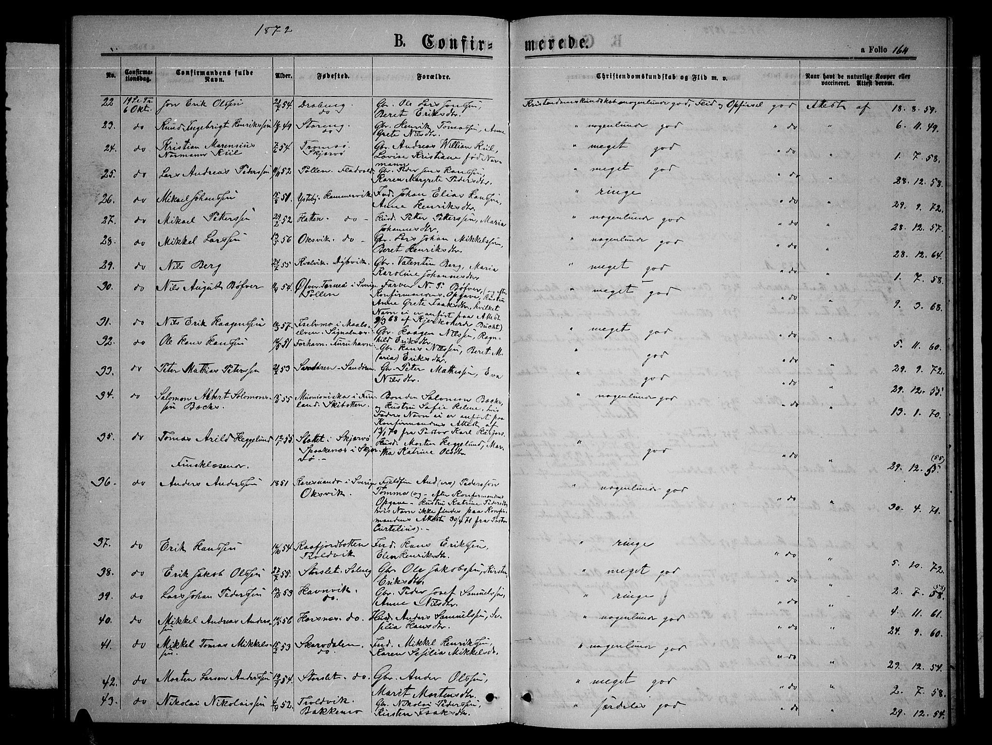 Lyngen sokneprestembete, AV/SATØ-S-1289/H/He/Heb/L0004klokker: Parish register (copy) no. 4, 1868-1878, p. 164