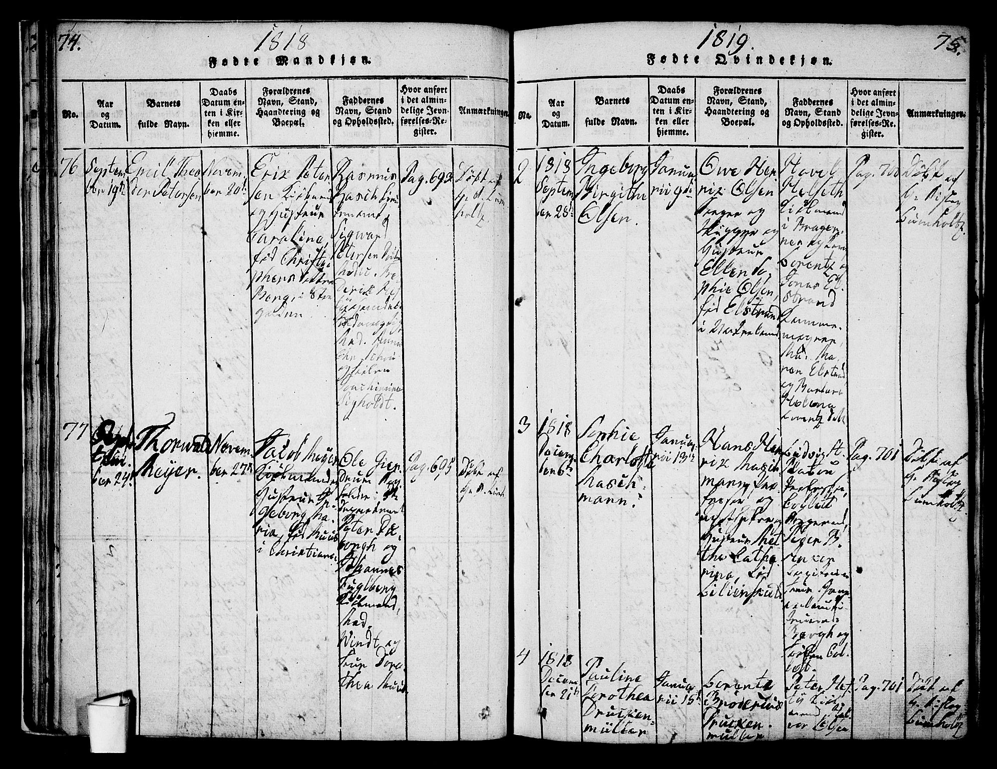 Oslo domkirke Kirkebøker, SAO/A-10752/G/Ga/L0001: Parish register (copy) no. 1, 1817-1825, p. 74-75