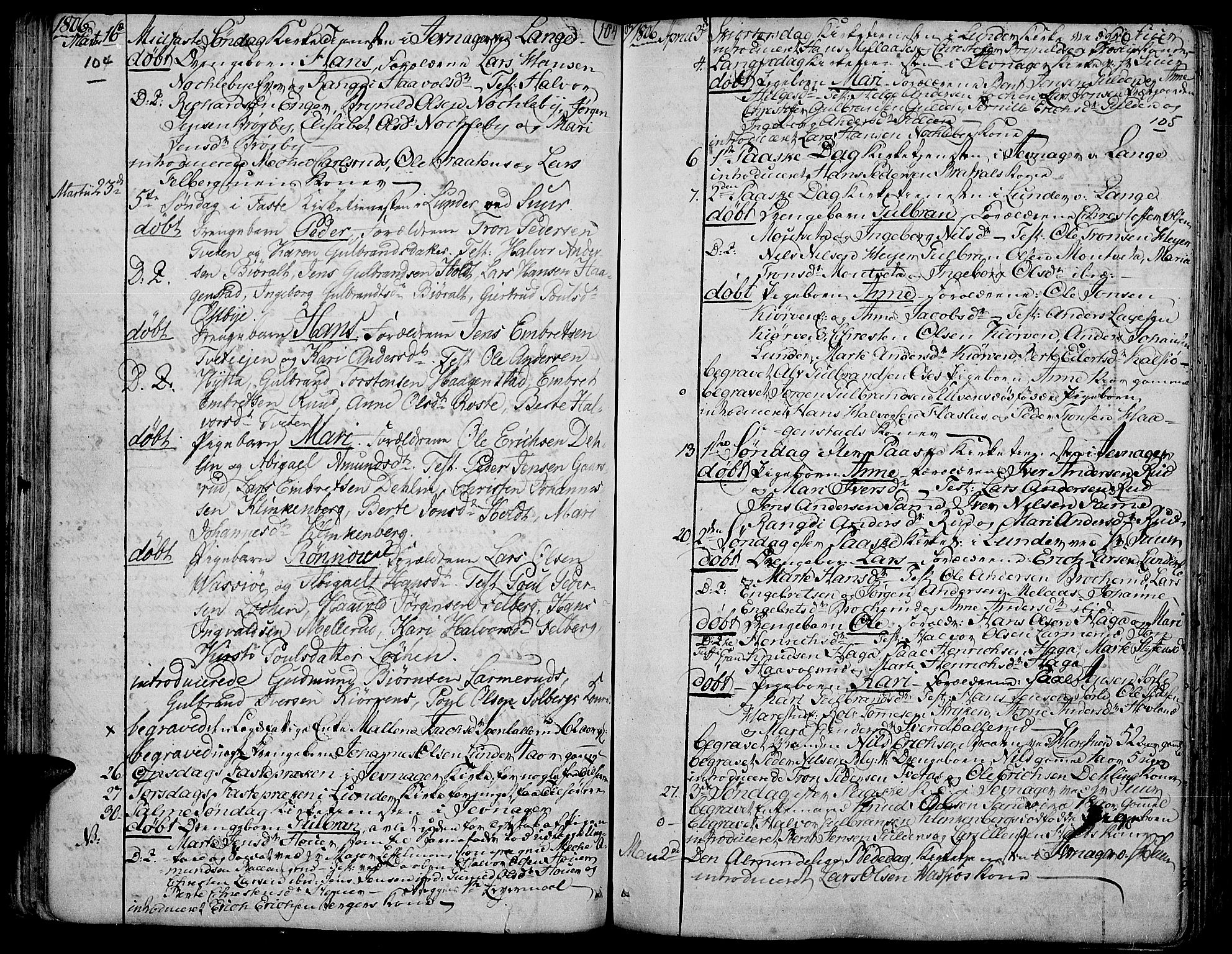 Jevnaker prestekontor, AV/SAH-PREST-116/H/Ha/Haa/L0004: Parish register (official) no. 4, 1800-1861, p. 104-105