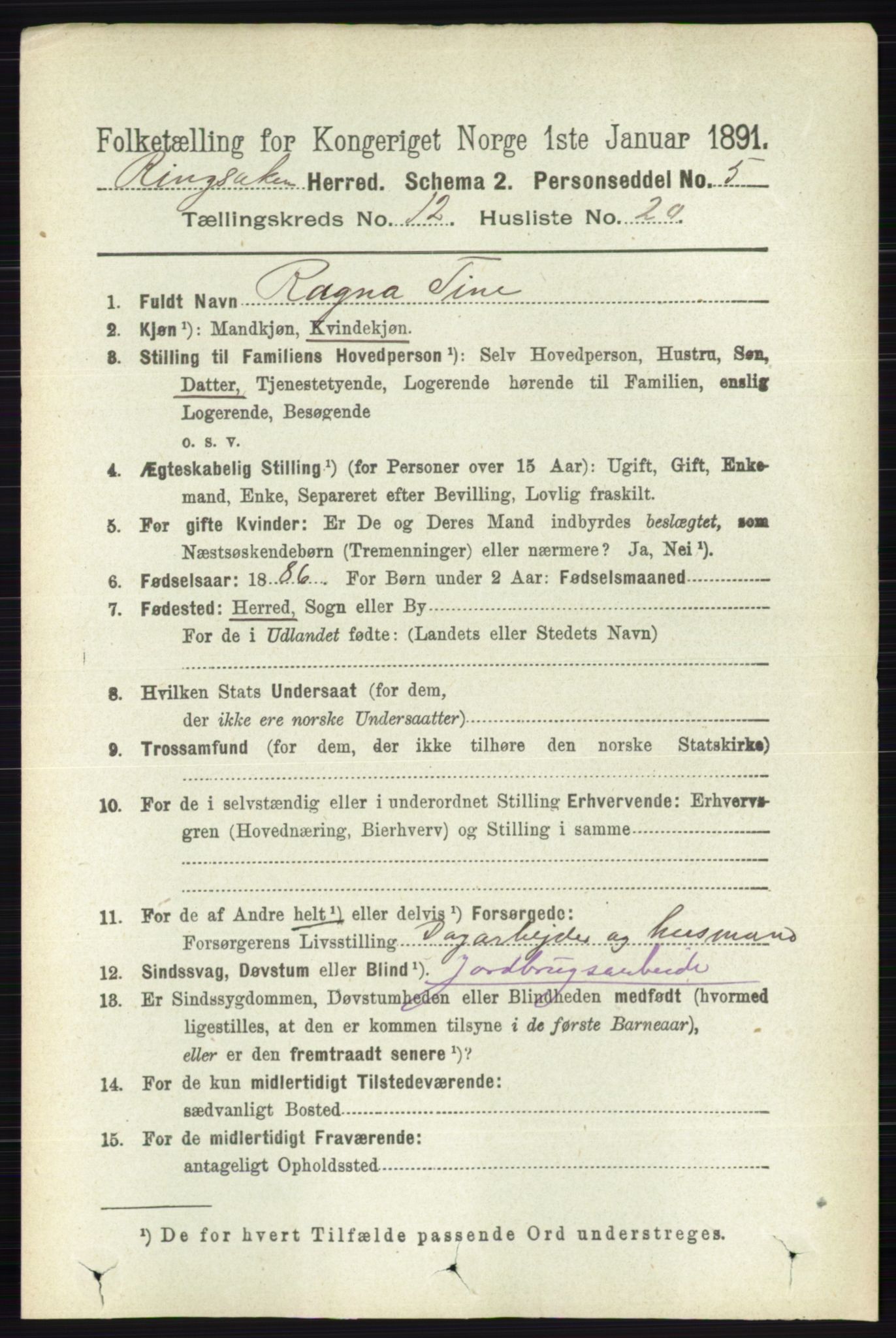 RA, 1891 census for 0412 Ringsaker, 1891, p. 6856