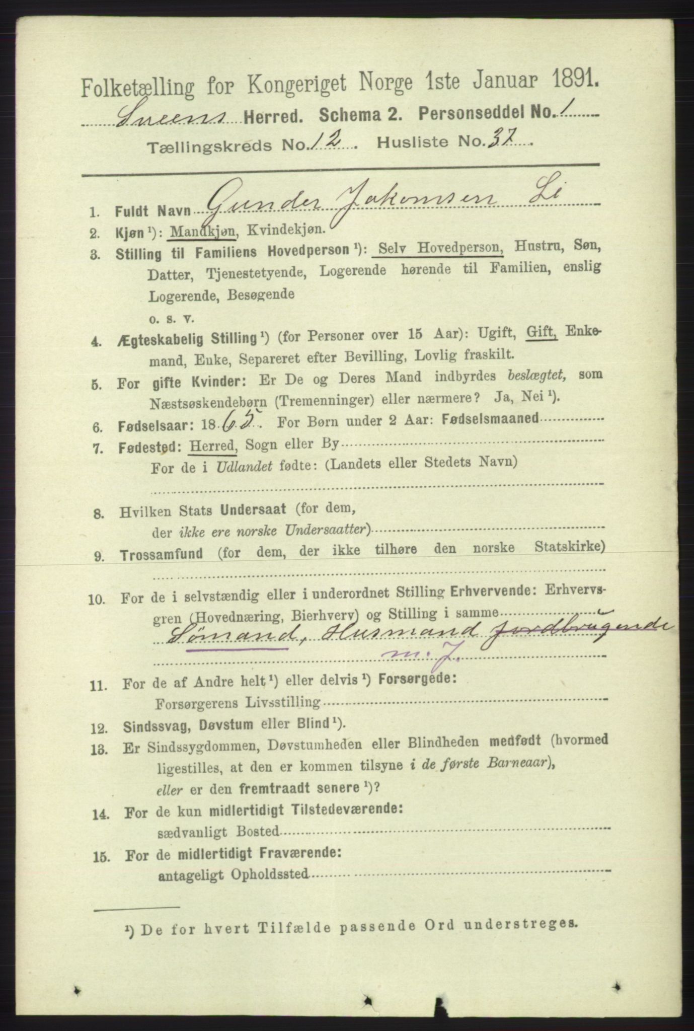 RA, 1891 census for 1216 Sveio, 1891, p. 3612