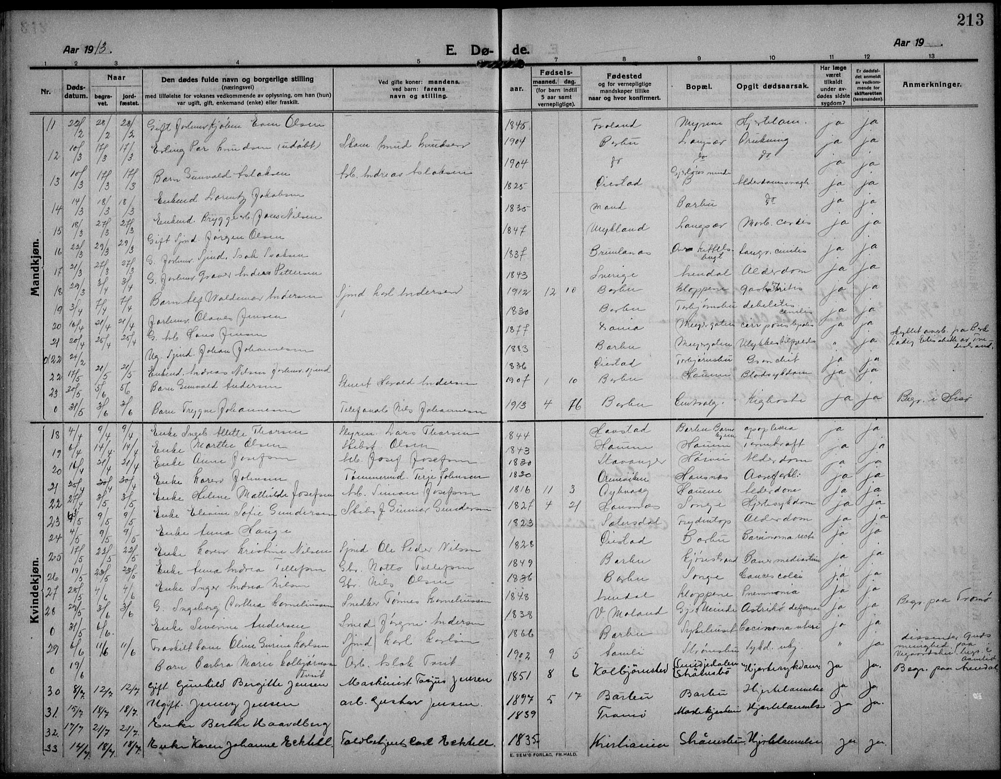 Barbu sokneprestkontor, AV/SAK-1111-0003/F/Fb/L0004: Parish register (copy) no. B 4, 1911-1936, p. 213