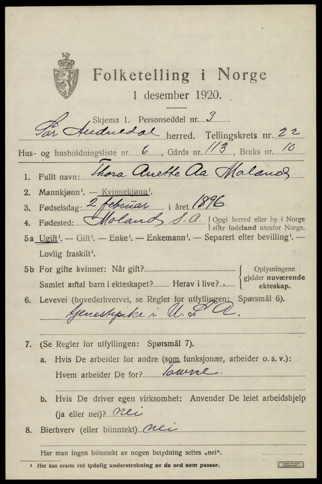 SAK, 1920 census for Sør-Audnedal, 1920, p. 7145