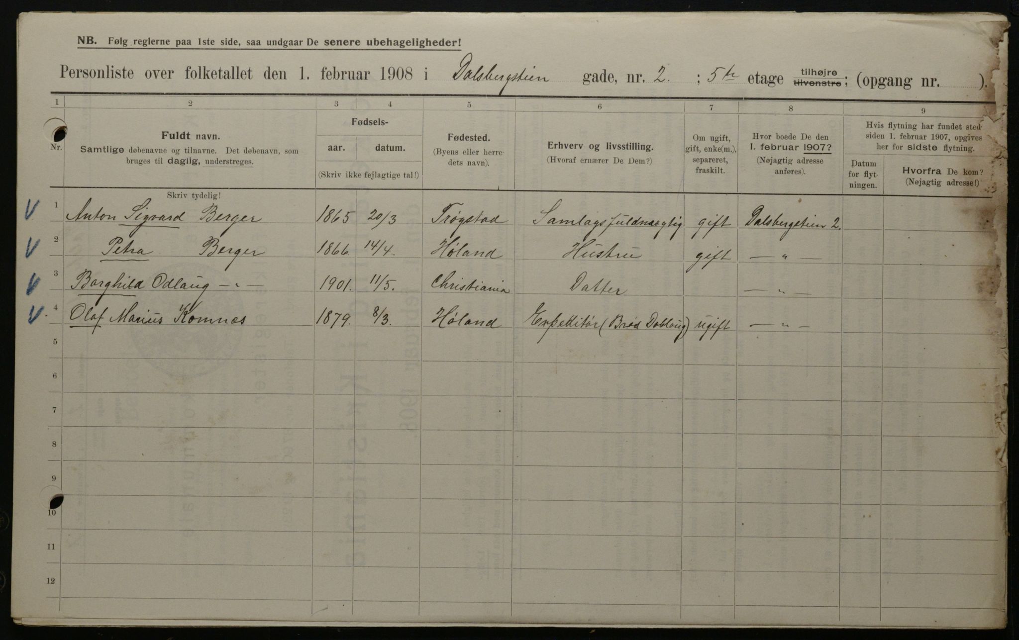 OBA, Municipal Census 1908 for Kristiania, 1908, p. 13134