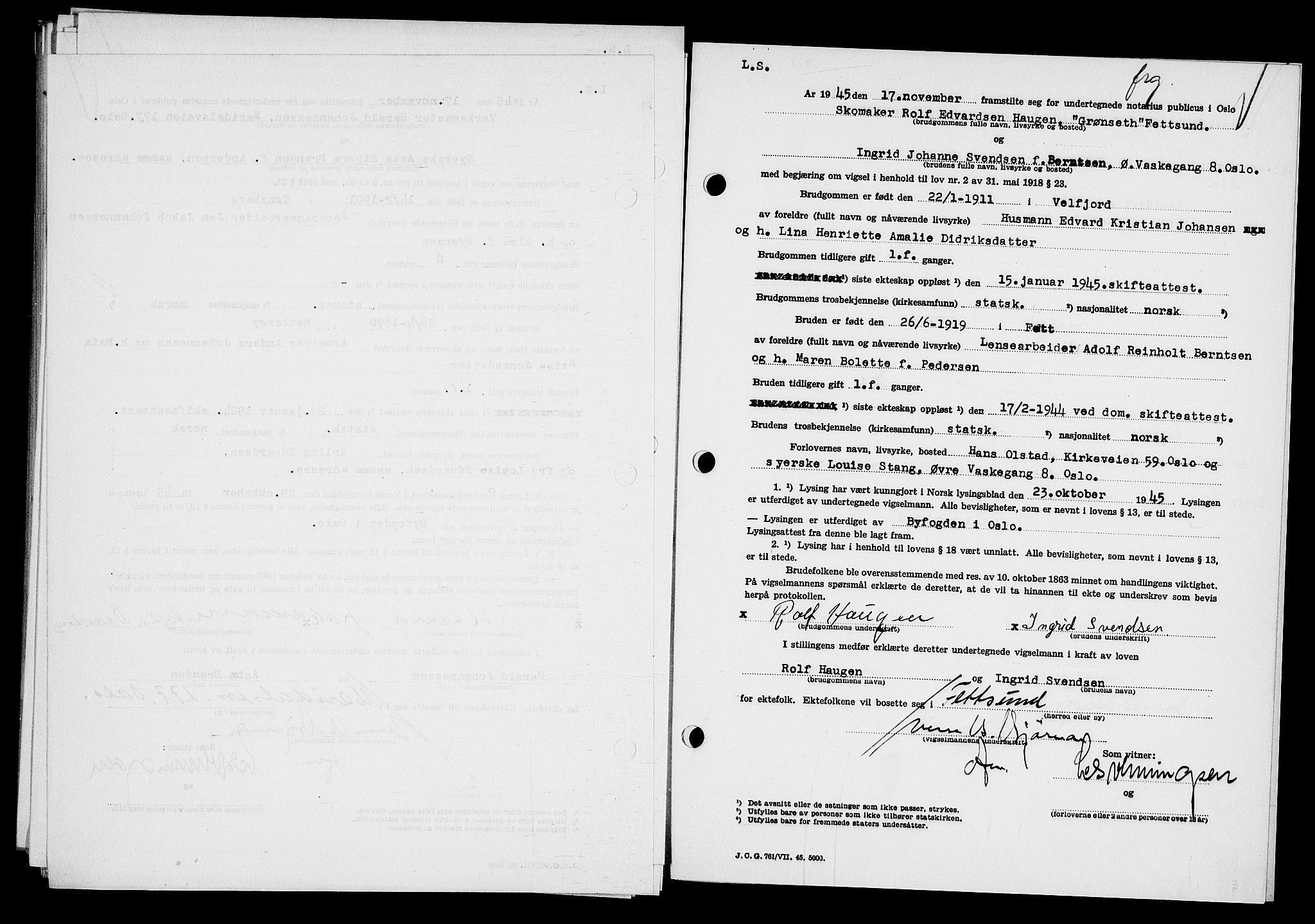 Oslo byfogd avd. I, AV/SAO-A-10220/L/Lb/Lbb/L0055: Notarialprotokoll, rekke II: Vigsler, 1945-1946