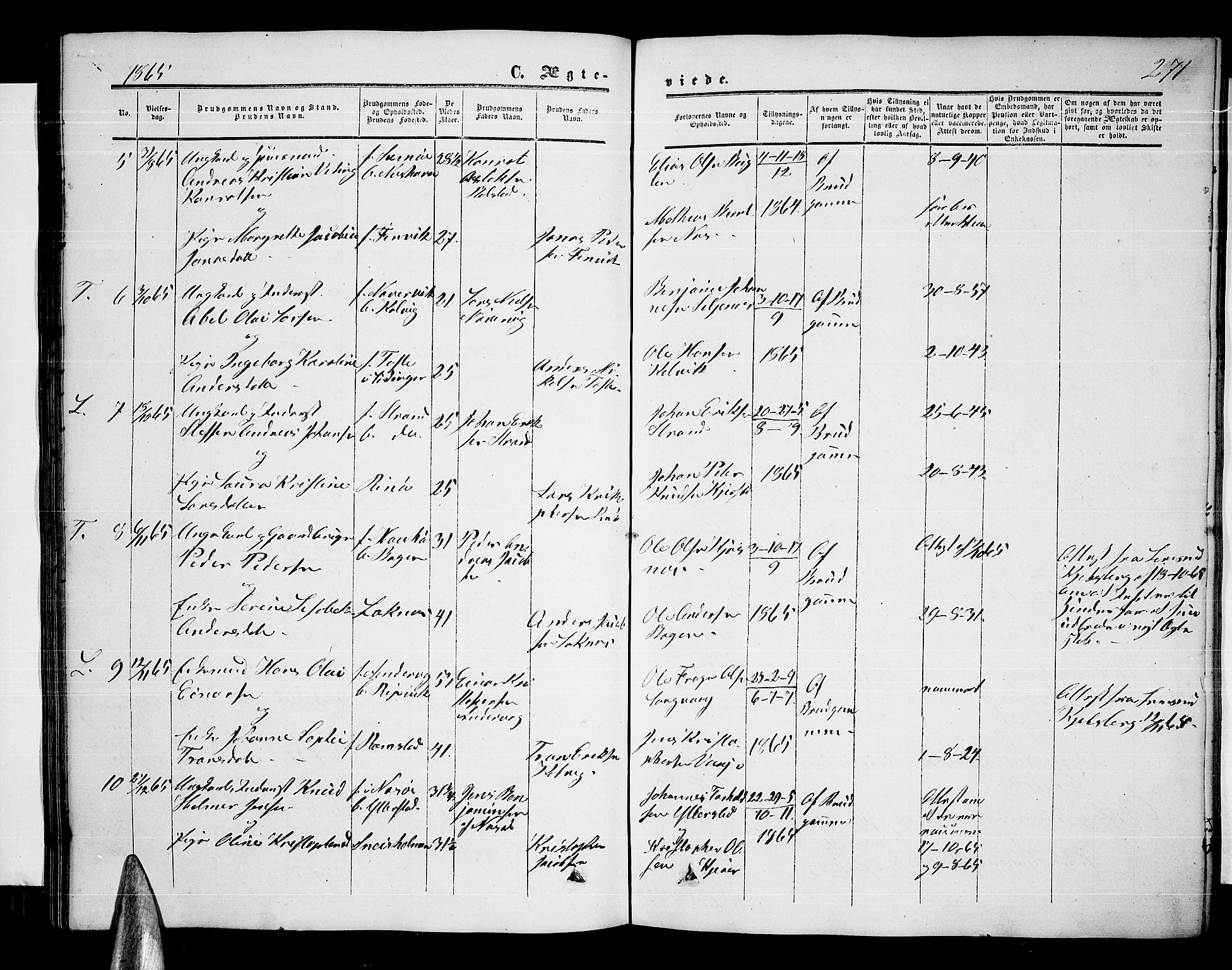Ministerialprotokoller, klokkerbøker og fødselsregistre - Nordland, AV/SAT-A-1459/872/L1046: Parish register (copy) no. 872C02, 1852-1879, p. 271