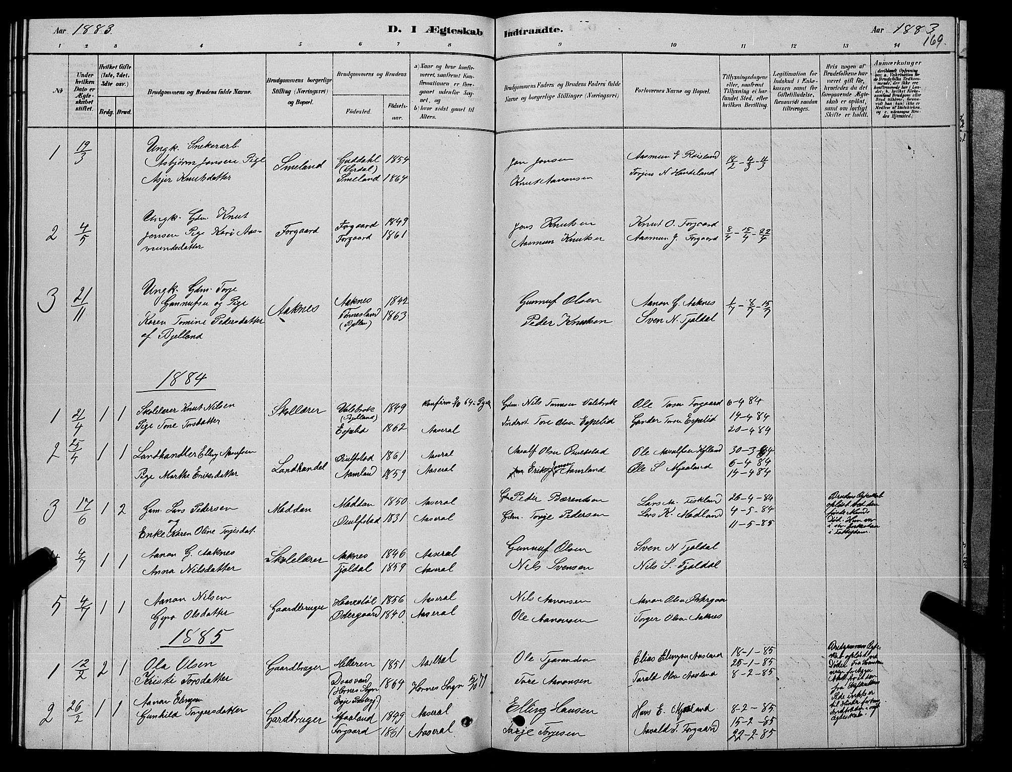 Åseral sokneprestkontor, AV/SAK-1111-0051/F/Fb/L0002: Parish register (copy) no. B 2, 1878-1899, p. 169