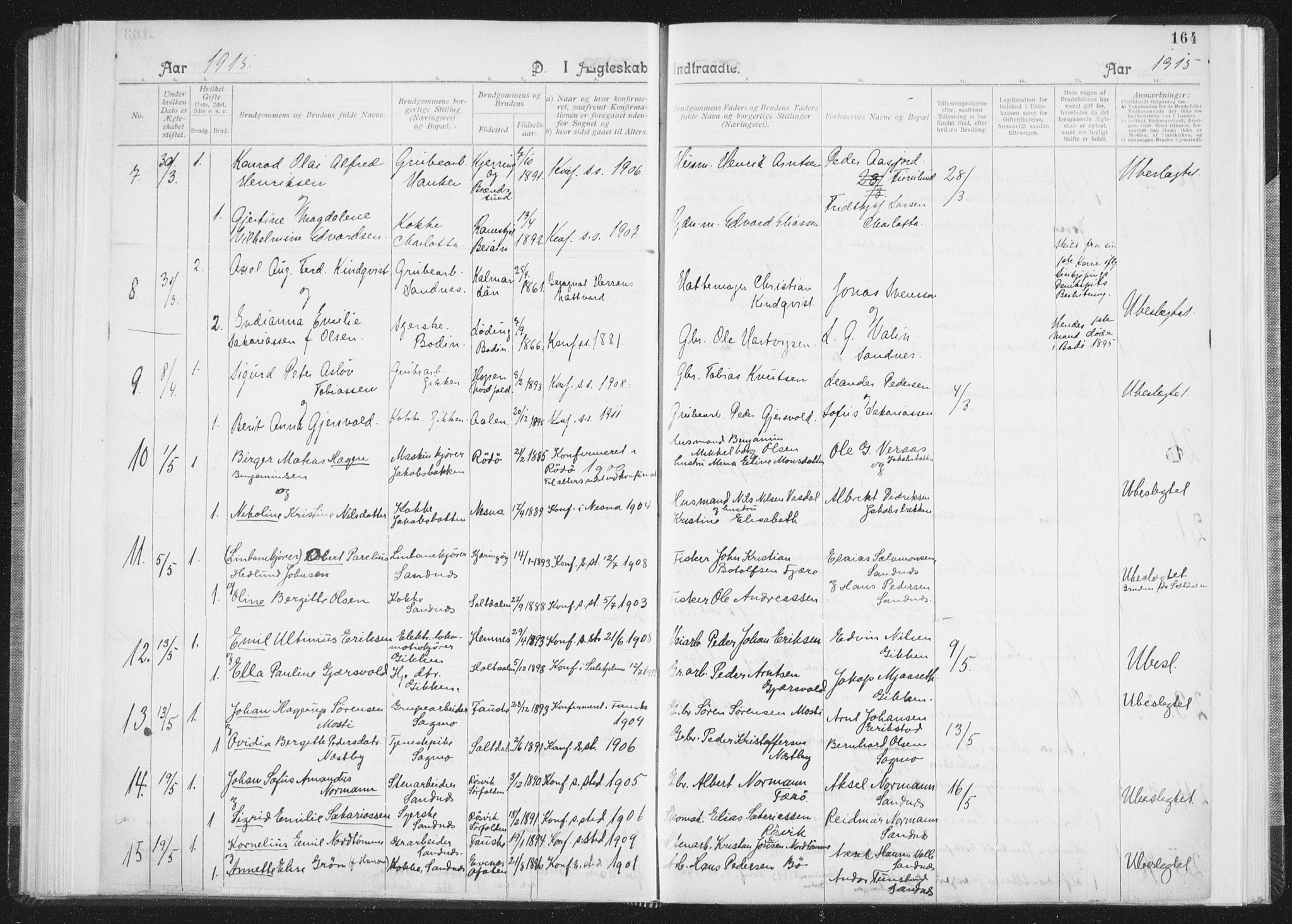 Ministerialprotokoller, klokkerbøker og fødselsregistre - Nordland, AV/SAT-A-1459/850/L0711: Curate's parish register no. 850B01, 1902-1915, p. 164