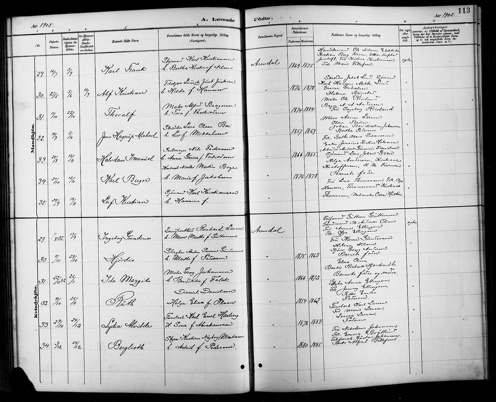 Arendal sokneprestkontor, Trefoldighet, SAK/1111-0040/F/Fb/L0006: Parish register (copy) no. B 6, 1889-1916, p. 113