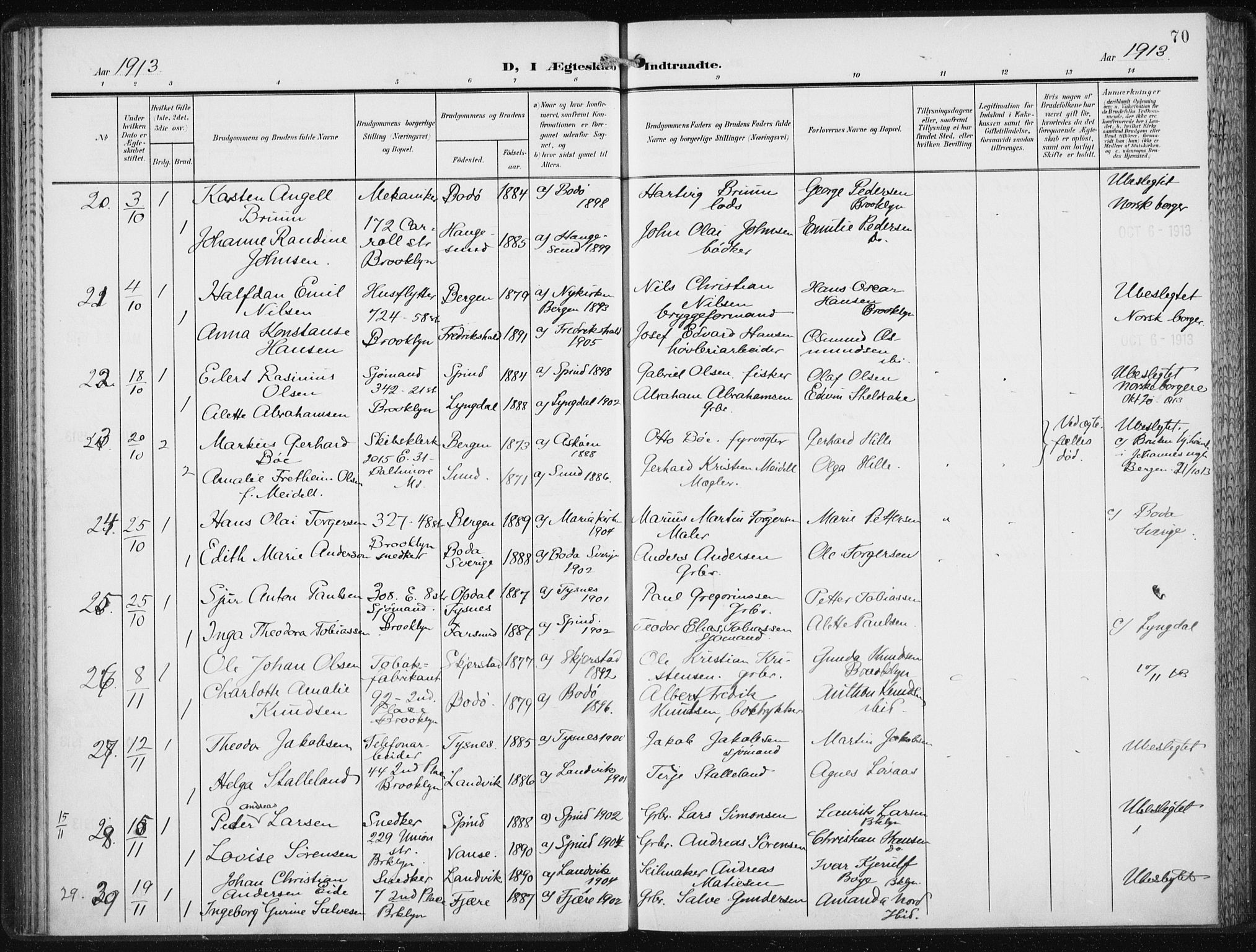 Den norske sjømannsmisjon i utlandet/New York, AV/SAB-SAB/PA-0110/H/Ha/L0006: Parish register (official) no. A 6, 1909-1914, p. 70