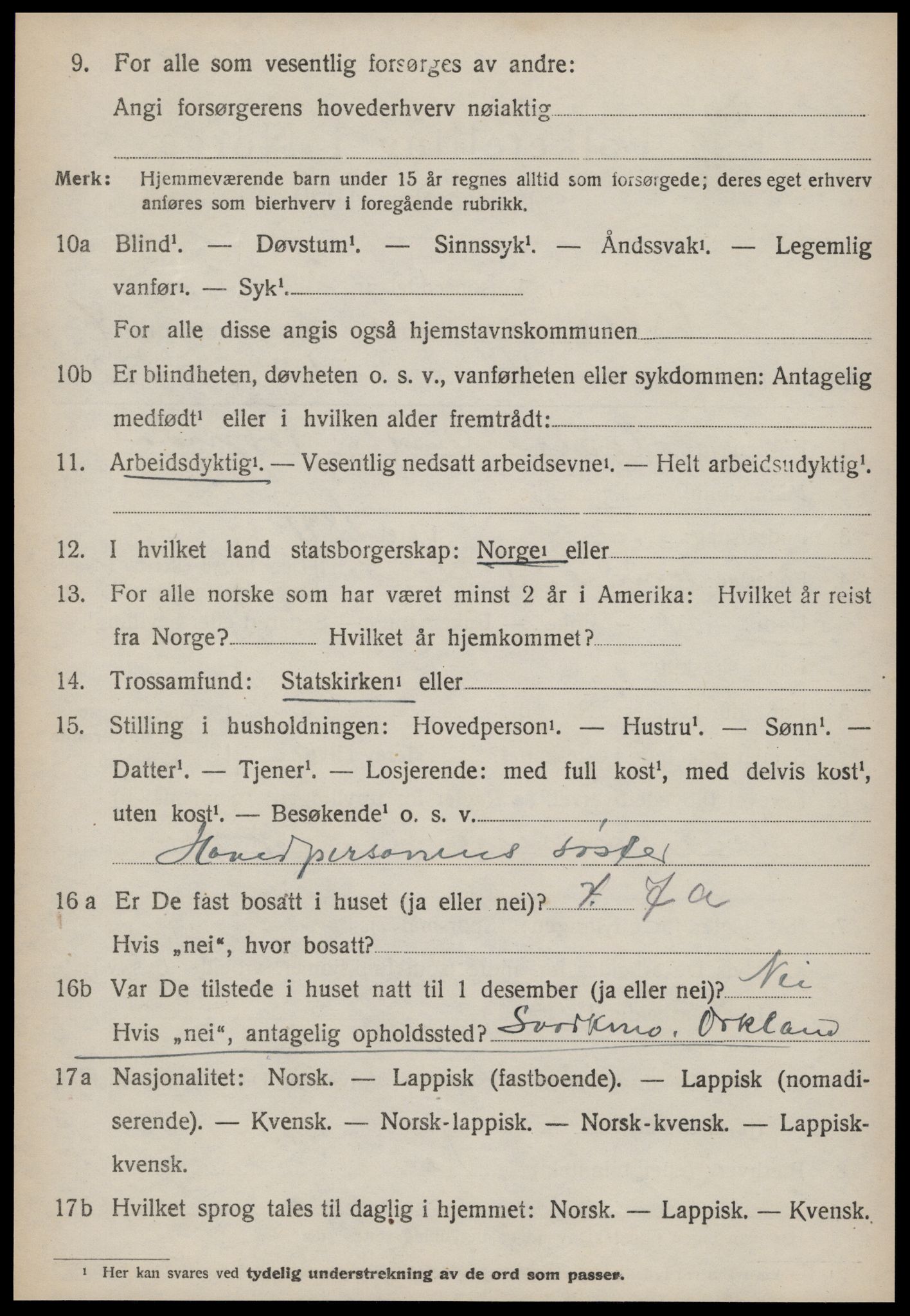 SAT, 1920 census for Orkland, 1920, p. 3803