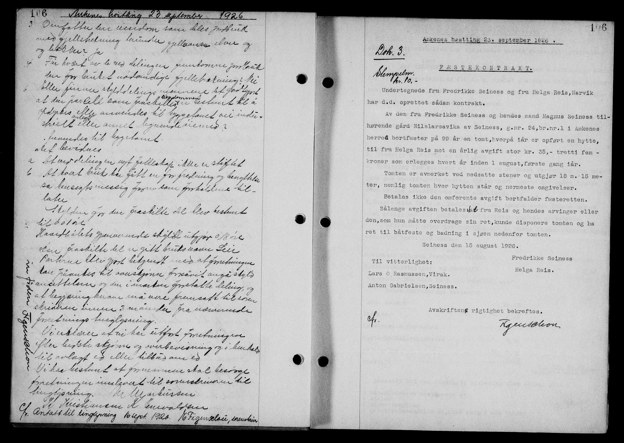 Steigen og Ofoten sorenskriveri, SAT/A-0030/1/2/2C/L0014: Mortgage book no. 13 og 15, 1926-1927, Deed date: 23.09.1926