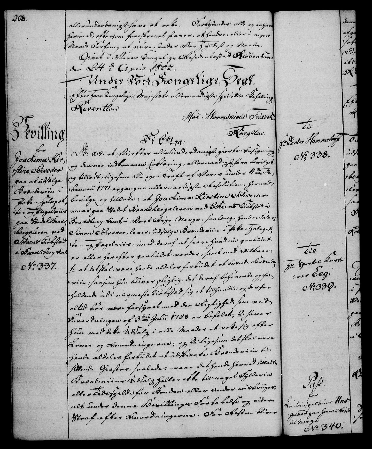 Rentekammeret, Kammerkanselliet, AV/RA-EA-3111/G/Gg/Gga/L0017: Norsk ekspedisjonsprotokoll med register (merket RK 53.17), 1801-1803, p. 208