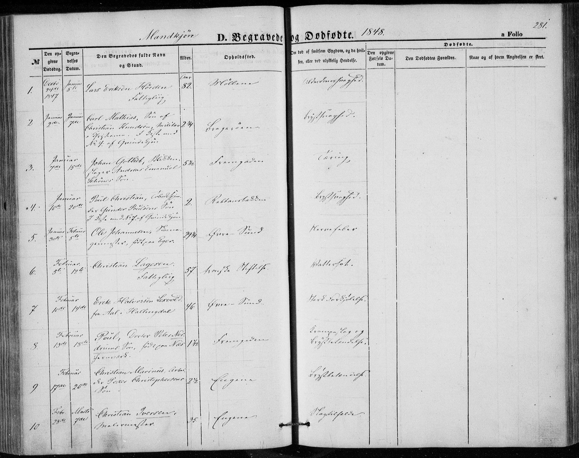Bragernes kirkebøker, SAKO/A-6/F/Fb/L0002: Parish register (official) no. II 2, 1848-1859, p. 281