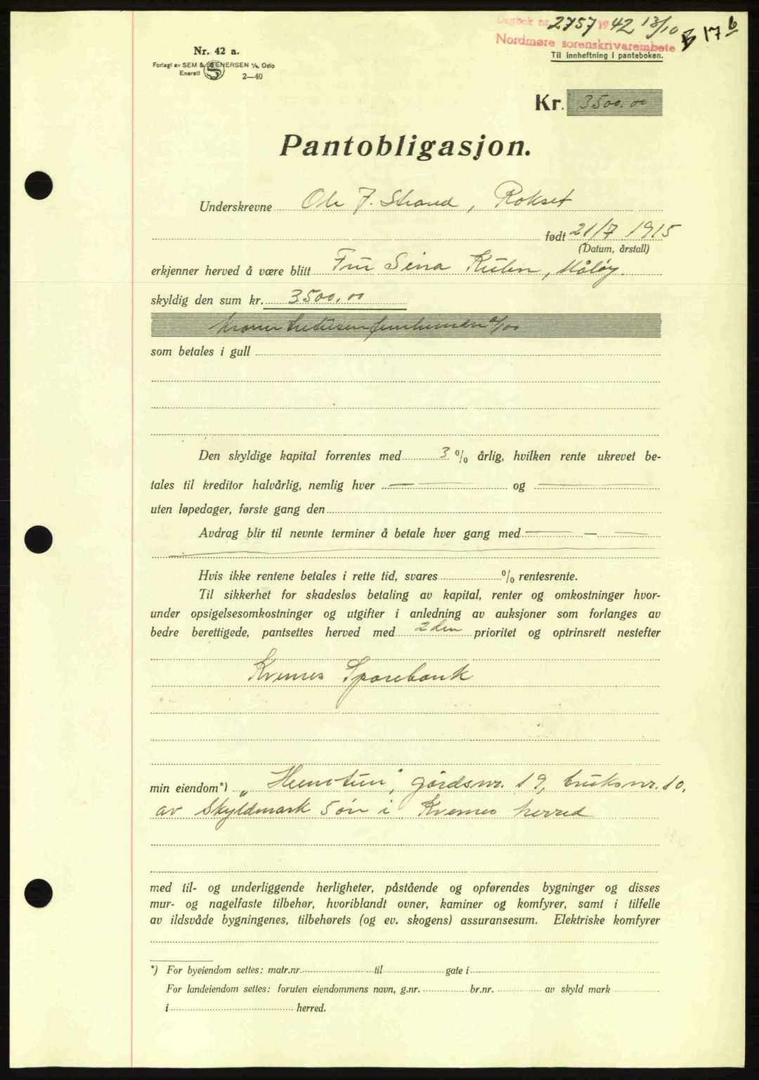 Nordmøre sorenskriveri, AV/SAT-A-4132/1/2/2Ca: Mortgage book no. B90, 1942-1943, Diary no: : 2757/1942