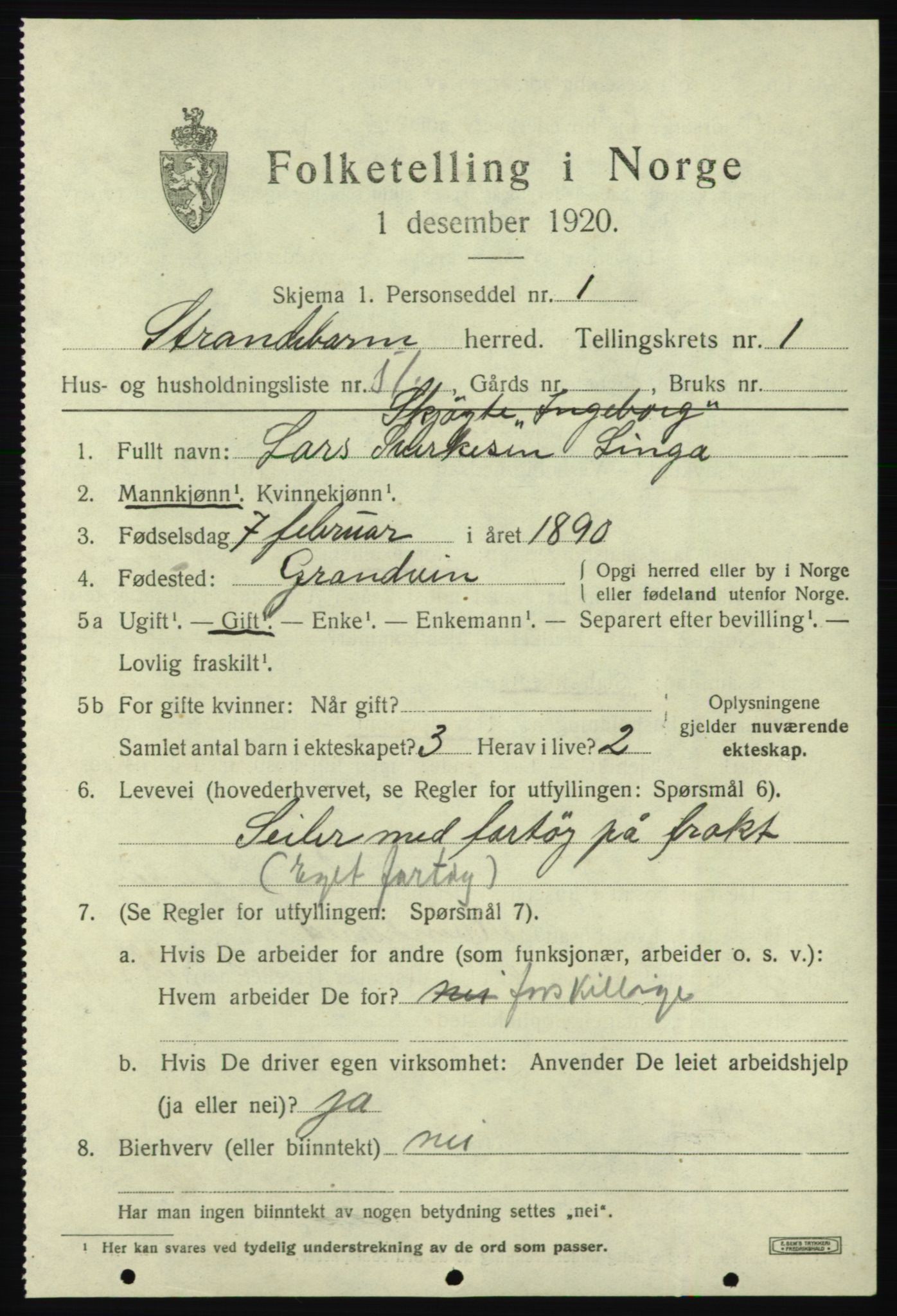 SAB, 1920 census for Strandebarm, 1920, p. 1868