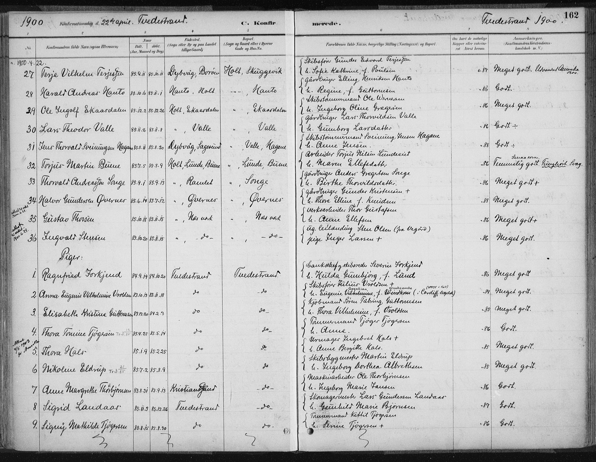 Tvedestrand sokneprestkontor, AV/SAK-1111-0042/F/Fa/L0001: Parish register (official) no. A 1, 1885-1916, p. 162