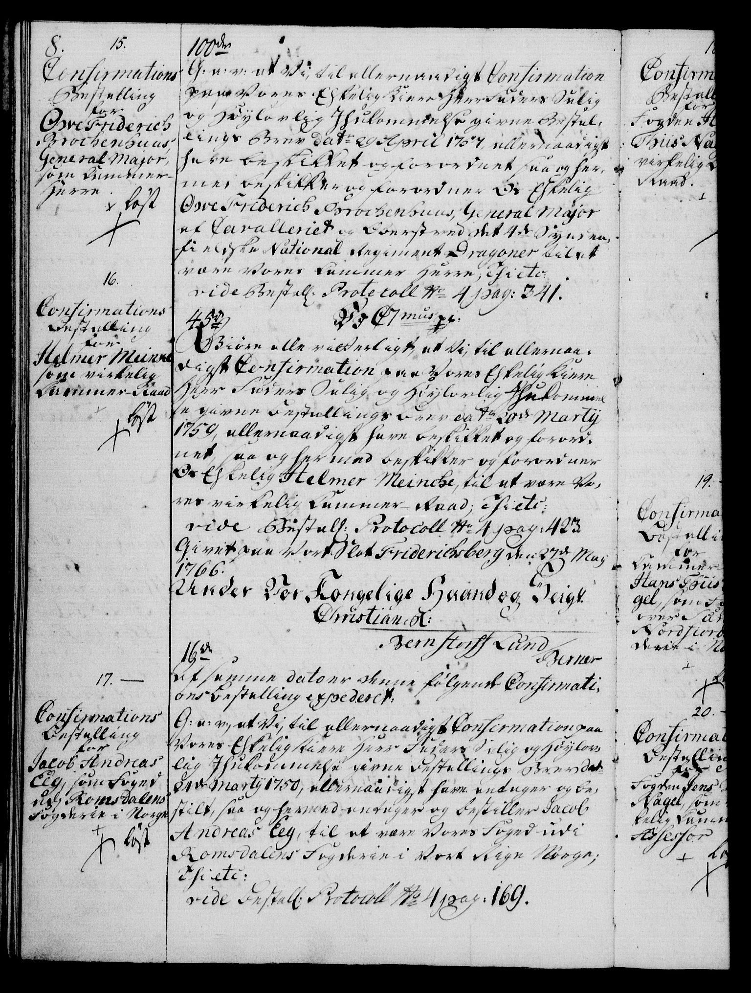 Rentekammeret, Kammerkanselliet, AV/RA-EA-3111/G/Gg/Ggg/L0003: Norsk konfirmasjonsbestallingsprotokoll med register (merket RK 53.33), 1766-1772, p. 8