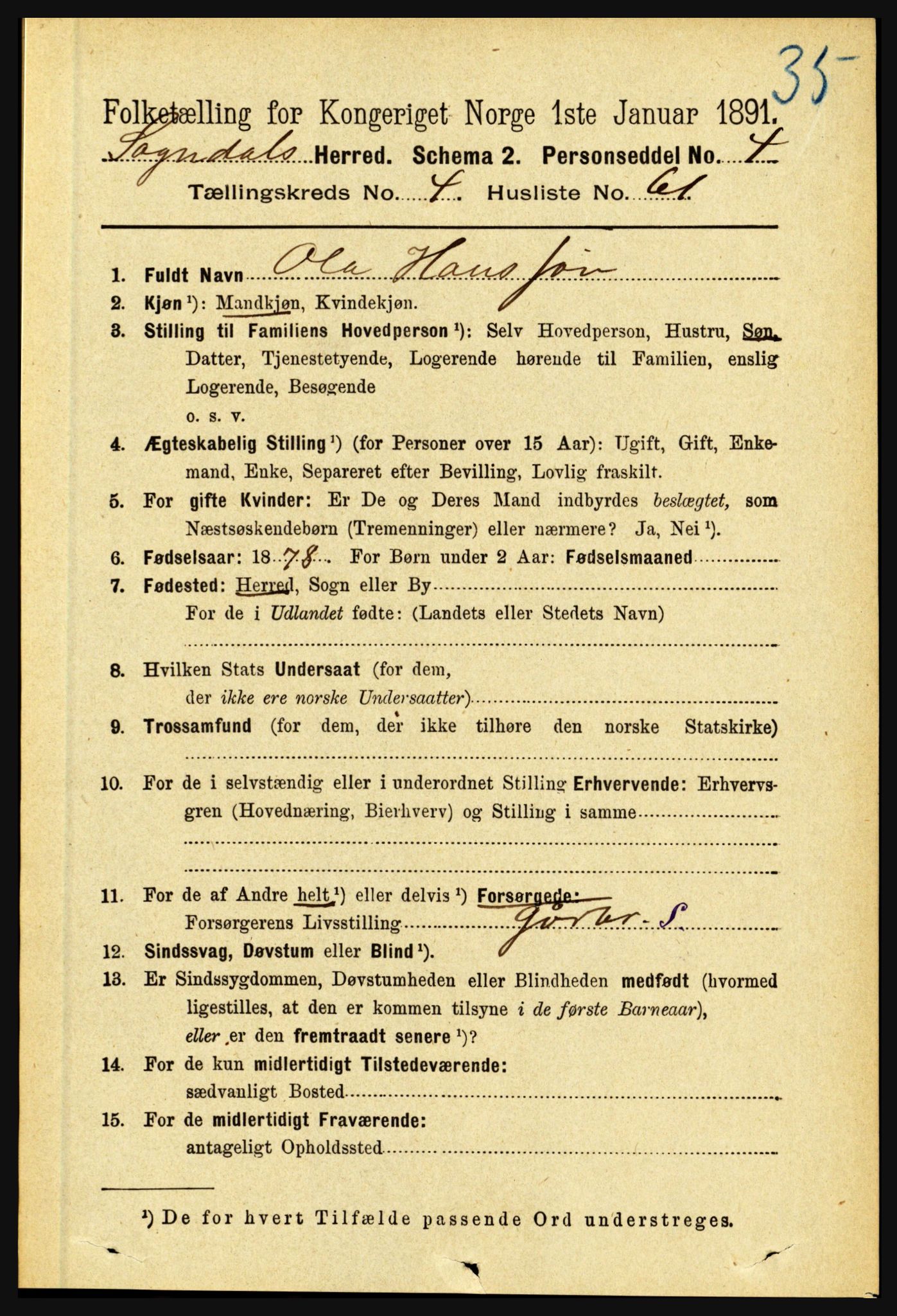 RA, 1891 census for 1420 Sogndal, 1891, p. 2253