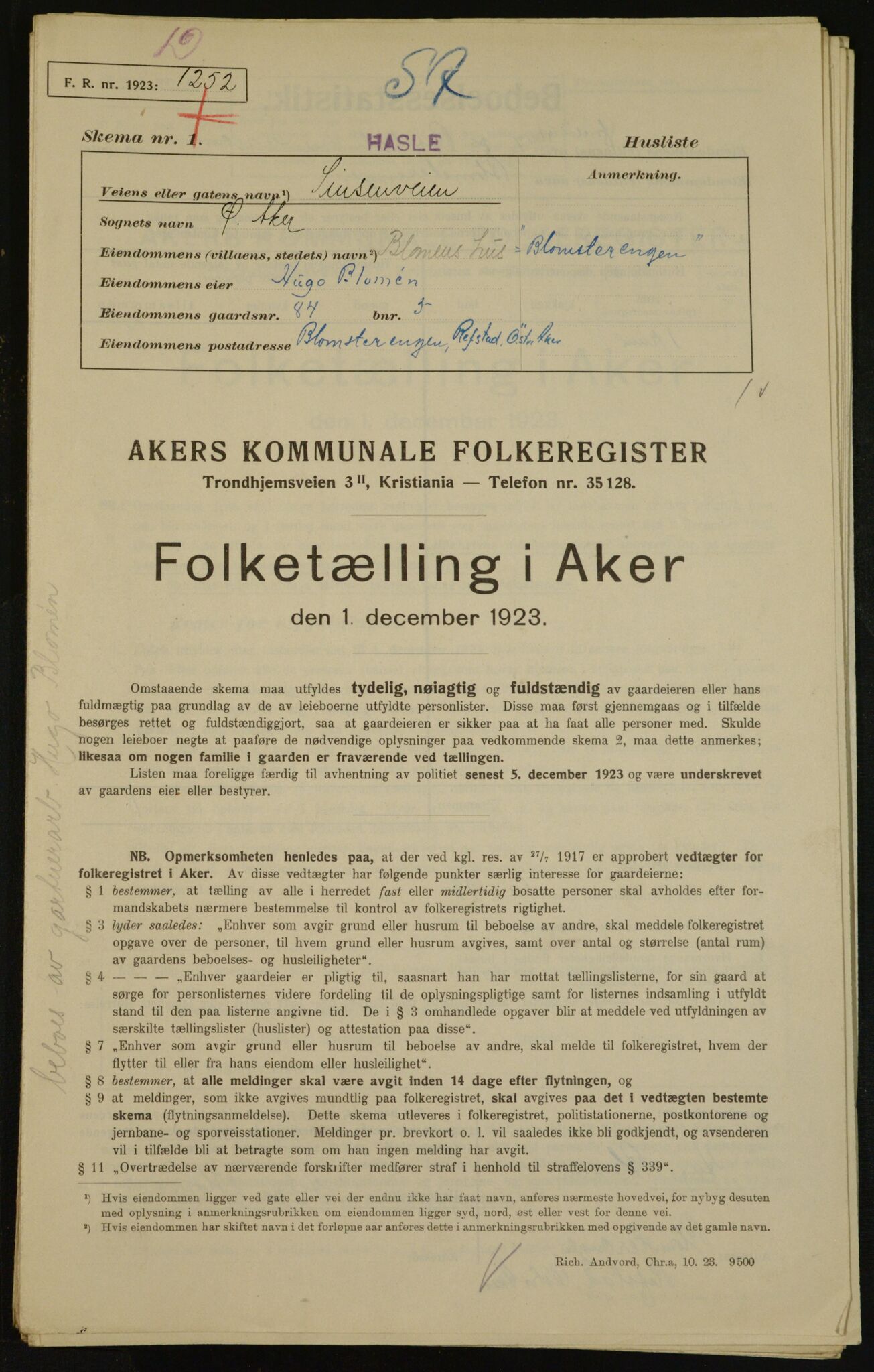 , Municipal Census 1923 for Aker, 1923, p. 30304