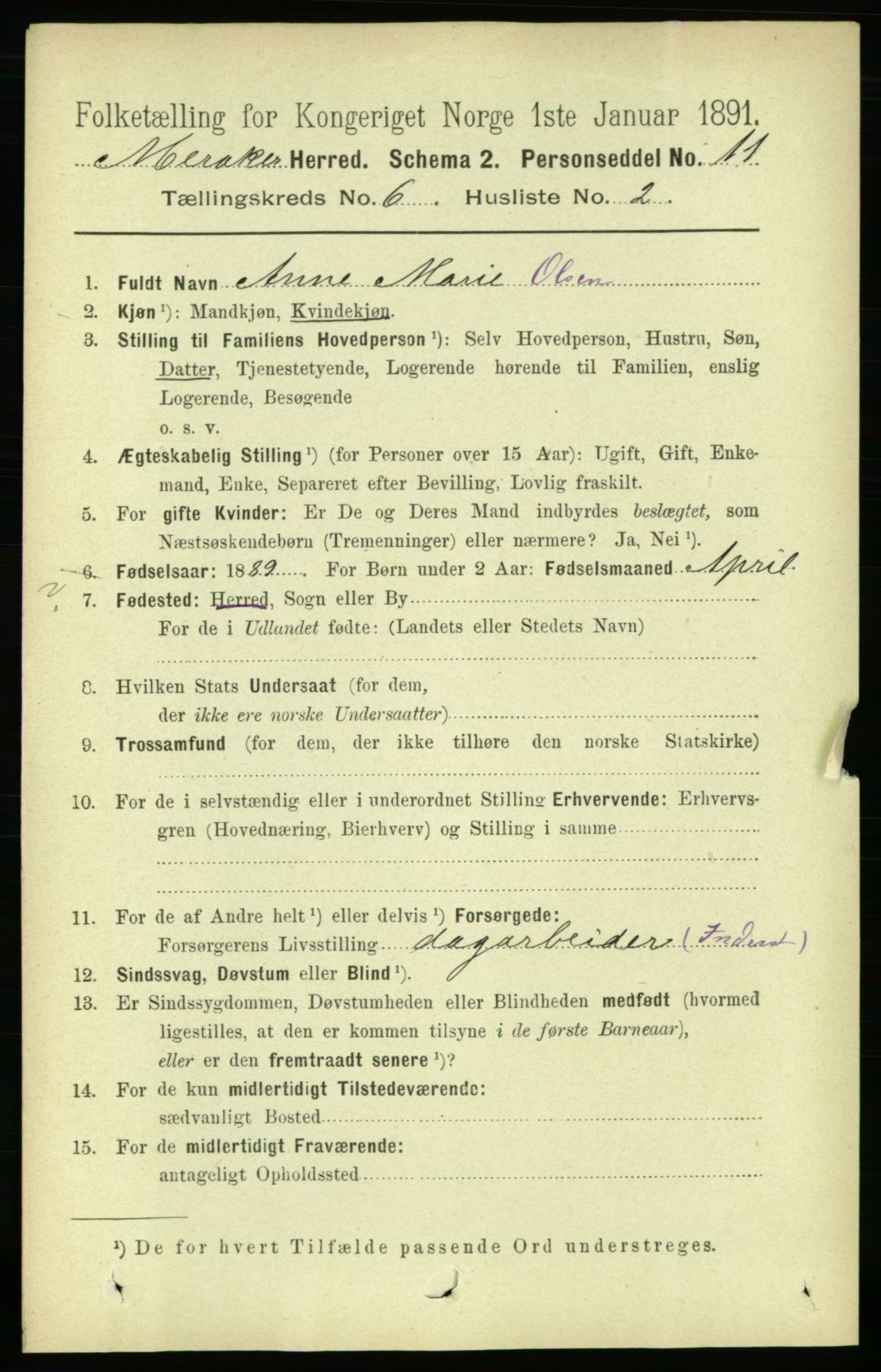 RA, 1891 census for 1711 Meråker, 1891, p. 2052