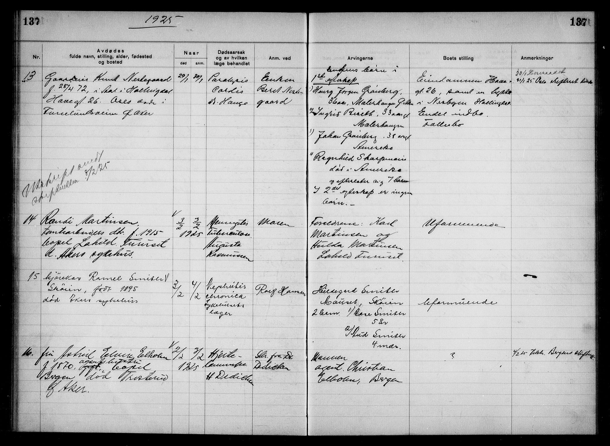 Aker kriminaldommer, skifte- og auksjonsforvalterembete, SAO/A-10452/H/Hb/Hba/Hbac/L0001: Dødsfallsprotokoll for Østre Aker, 1922-1927, p. 137