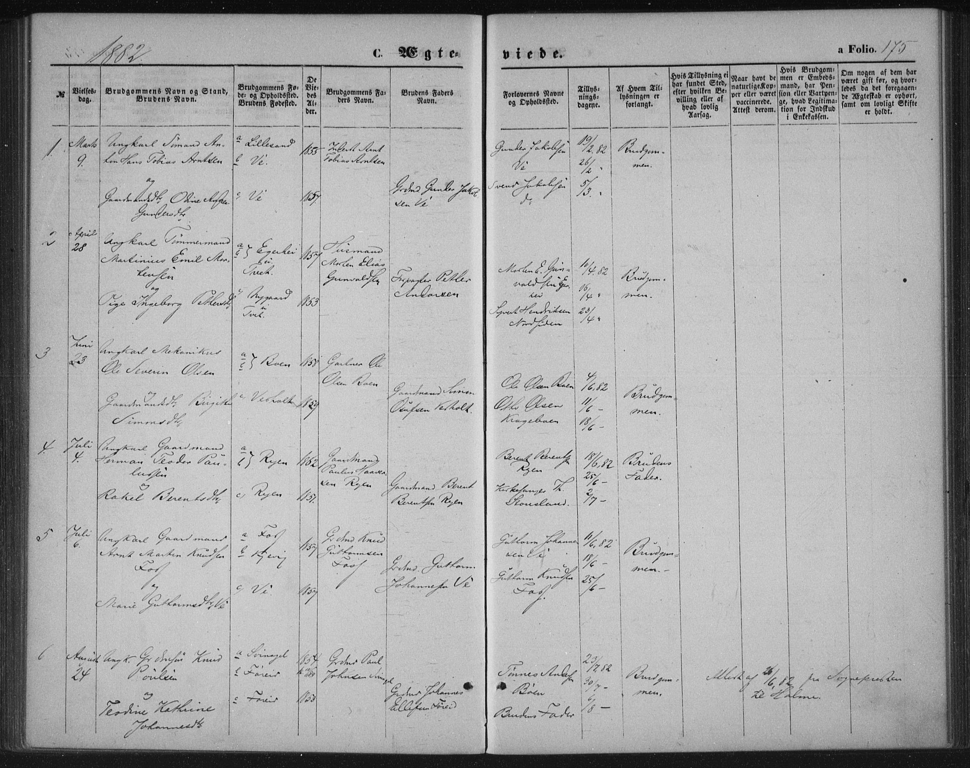 Tveit sokneprestkontor, SAK/1111-0043/F/Fa/L0006: Parish register (official) no. A 6, 1872-1886, p. 175