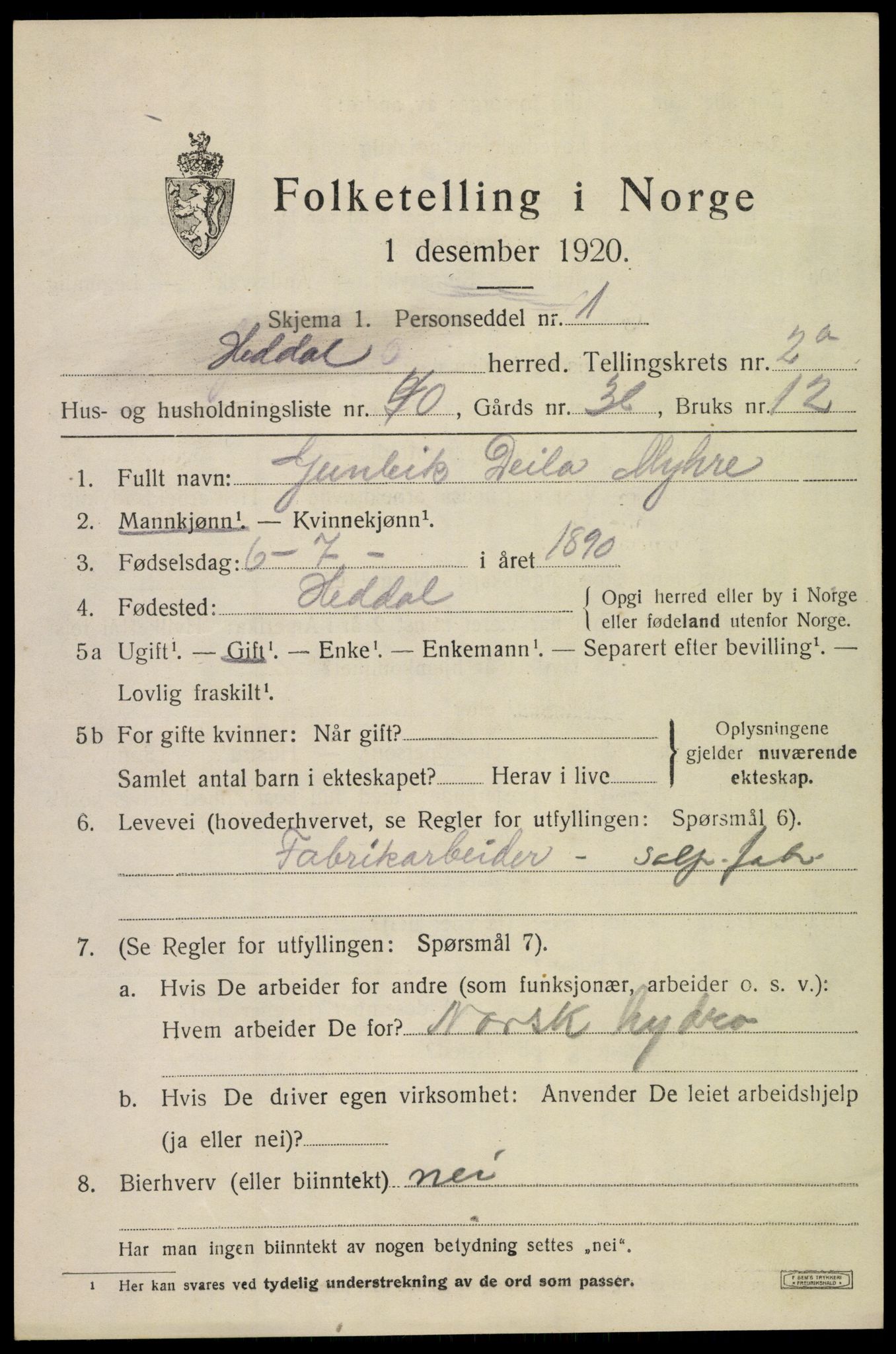 SAKO, 1920 census for Heddal, 1920, p. 2390