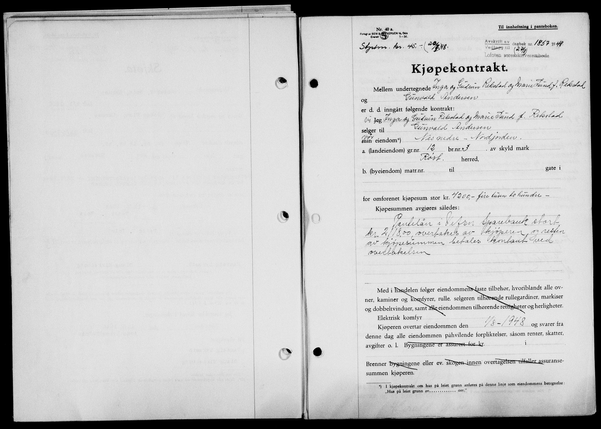Lofoten sorenskriveri, SAT/A-0017/1/2/2C/L0019a: Mortgage book no. 19a, 1948-1948, Diary no: : 1857/1948